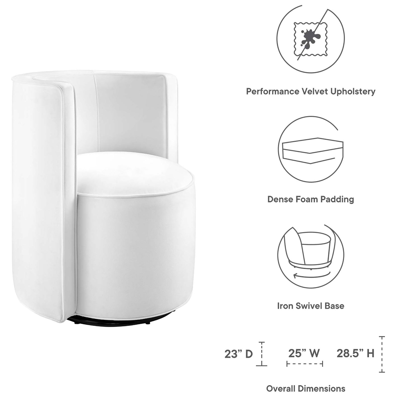 White performance velvet swivel chair with dense foam cushioning and iron base; overall 23D x 25W x 28.5H || EEI-6222-WHI || callout_studio
