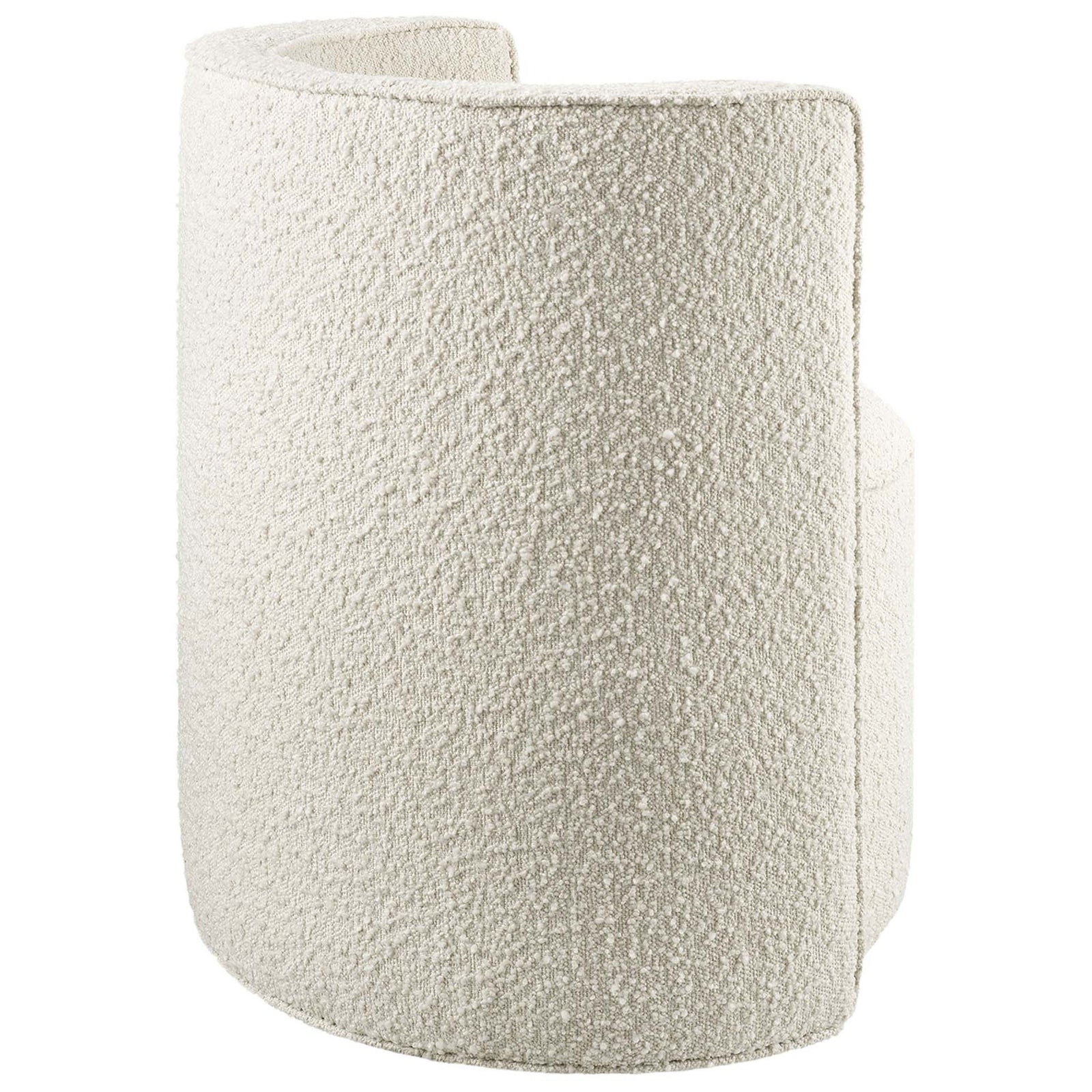 Seamless curved back in nubby ivory boucle gives sculptural appeal atop a low-profile swivel base. || EEI-6223-IVO || back_studio