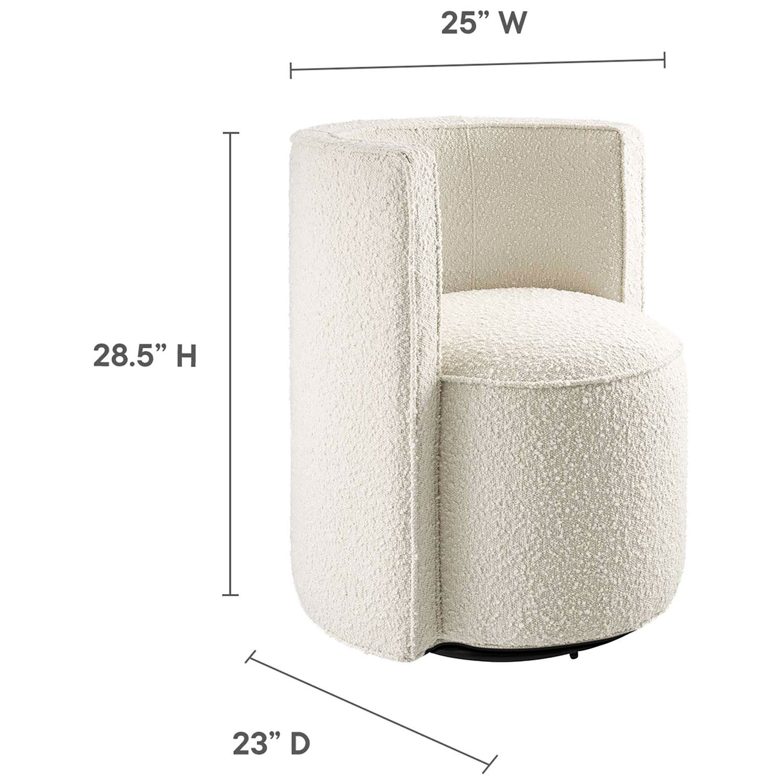 Overall dimensions shown: 23 in. D x 25 in. W x 28.5 in. H for the ivory boucle swivel chair. || EEI-6223-IVO || dimension_studio
