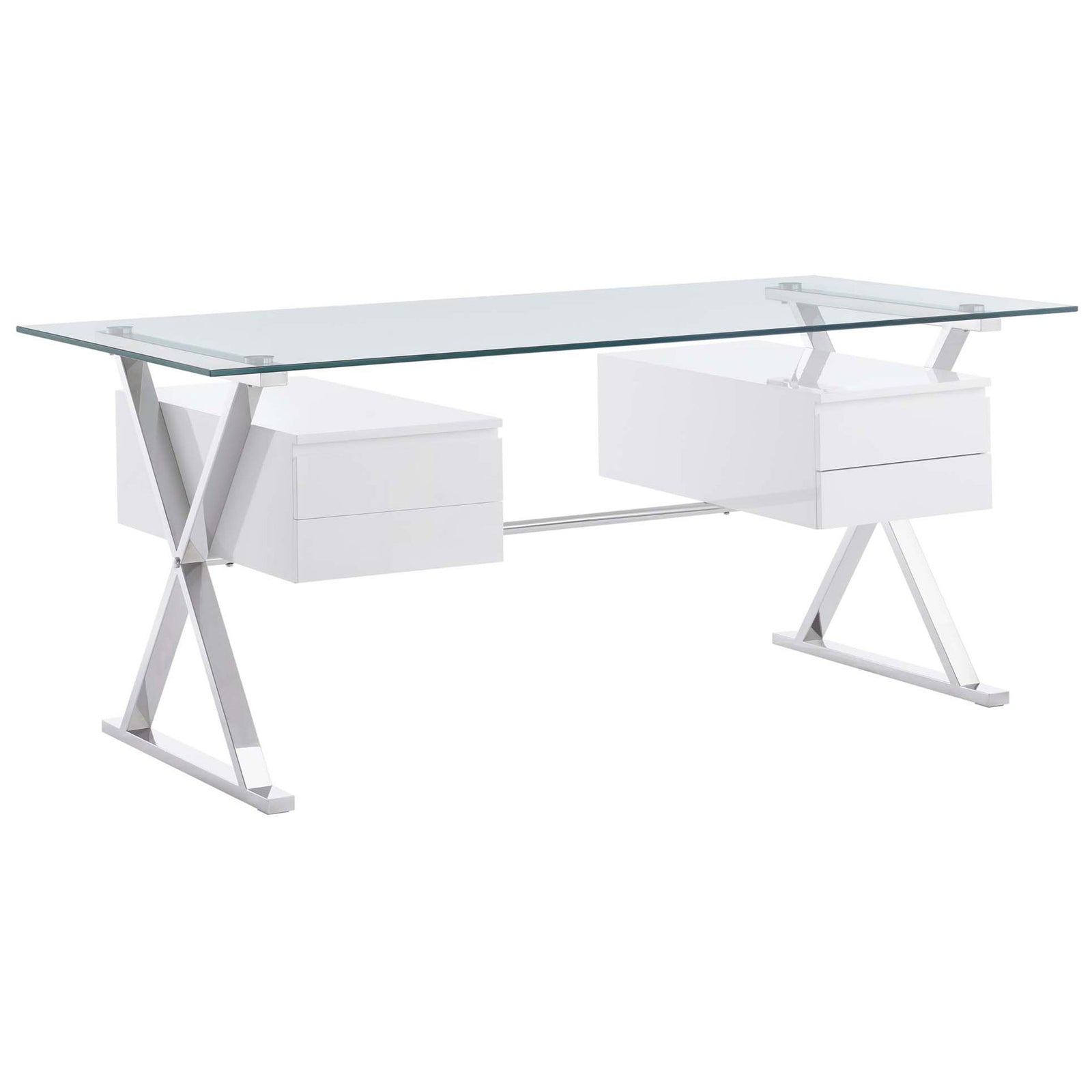 Tempered glass surface and polished steel X-legs define a crisp, minimalist desk with floating drawers || EEI-6226-WHI || front_angle_studio