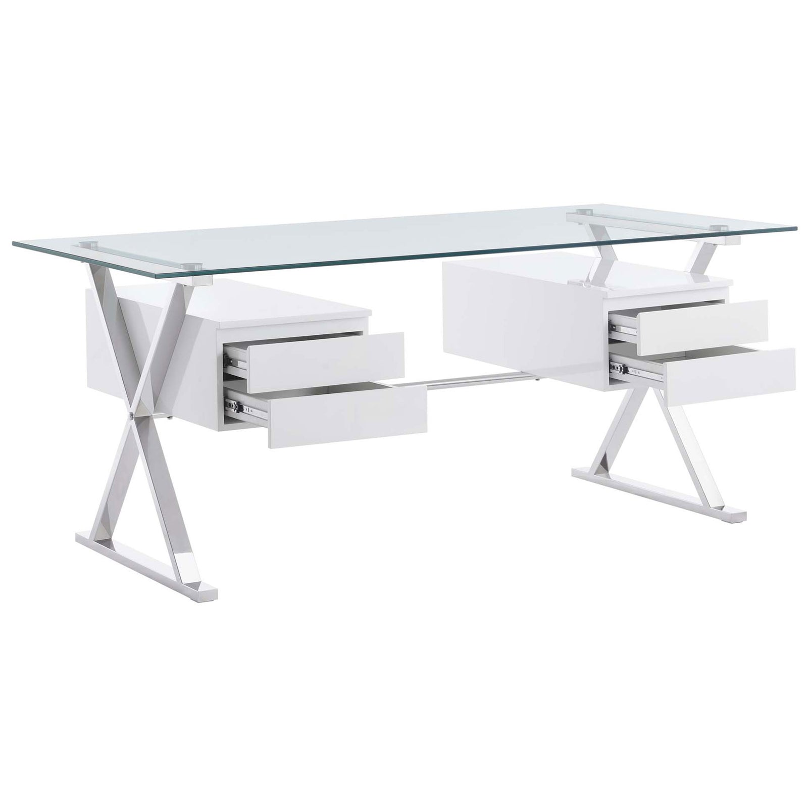 Full-extension drawers glide beneath a tempered glass top for quick access to everyday office essentials || EEI-6226-WHI || front_angle_open_studio