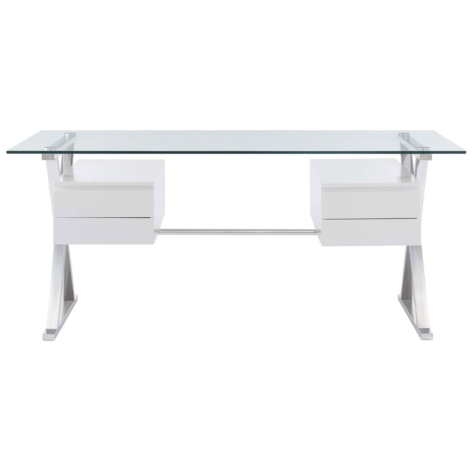 Sleek glass-top desk with polished X-legs and dual floating white drawers for a modern workspace || EEI-6226-WHI || front_studio