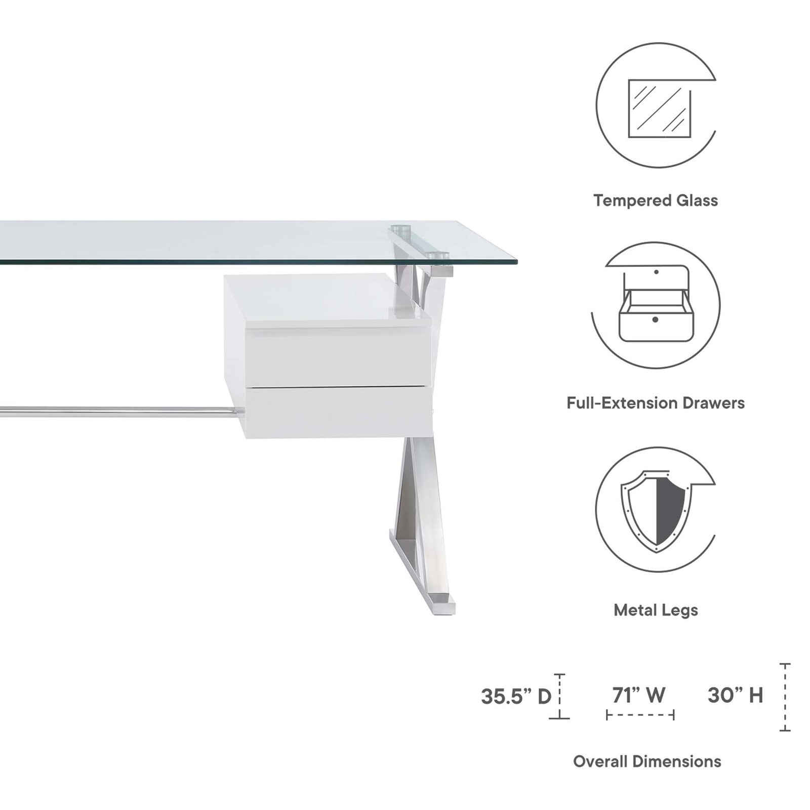 Tempered glass top, full-extension drawers, and metal legs combine for a durable, polished workstation || EEI-6226-WHI || dimension_studio
