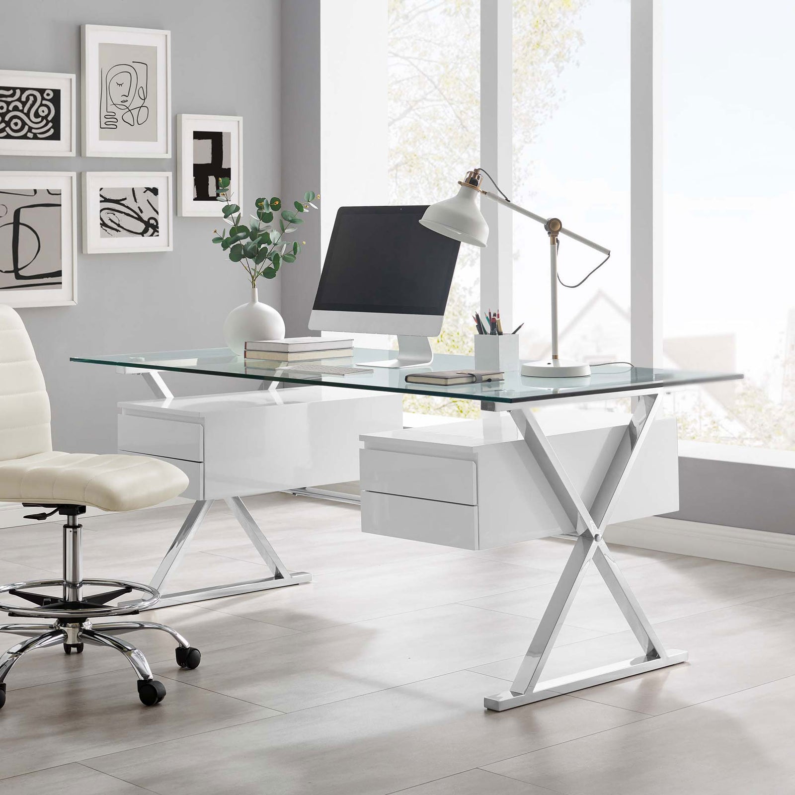 Modern glass and steel desk brings a bright, streamlined look to any workspace || EEI-6226-WHI || front_angle_room