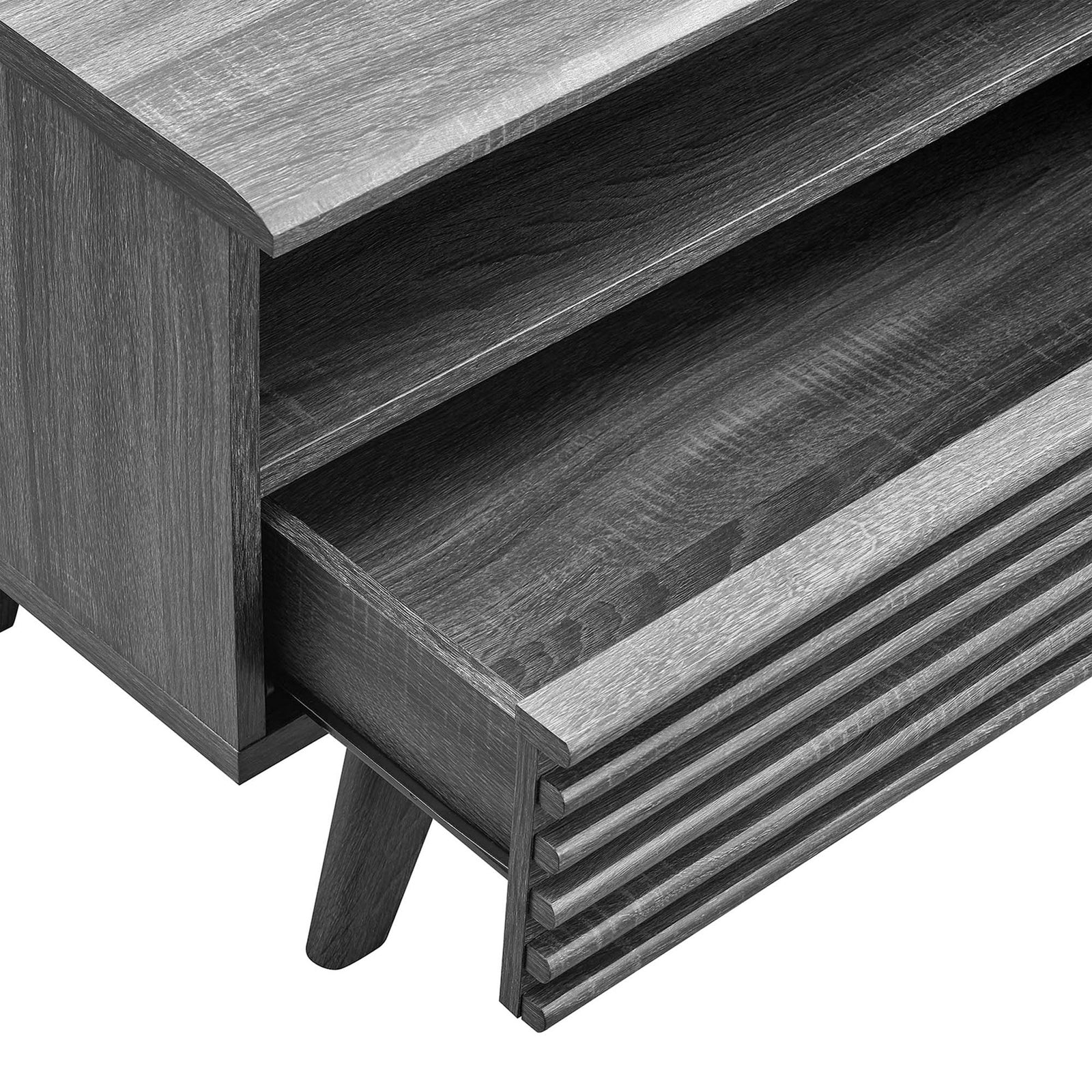 Charcoal TV stand with full-extension drawer open to reveal generous storage for media accessories || EEI-6228-CHA || storage_open_studio