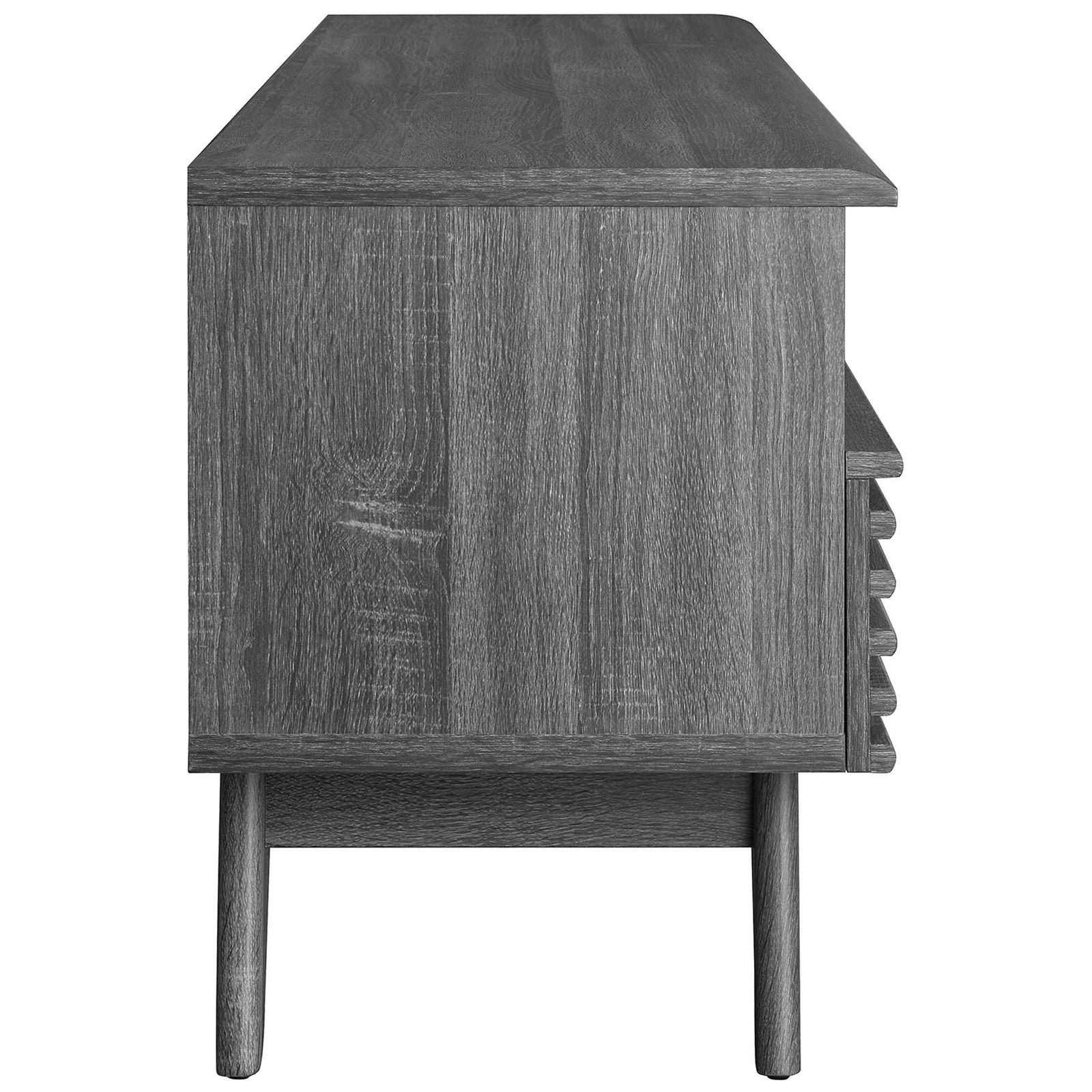 Charcoal TV stand showing smooth side panel, open cubby, and mid-century tapered legs || EEI-6228-CHA || side_studio