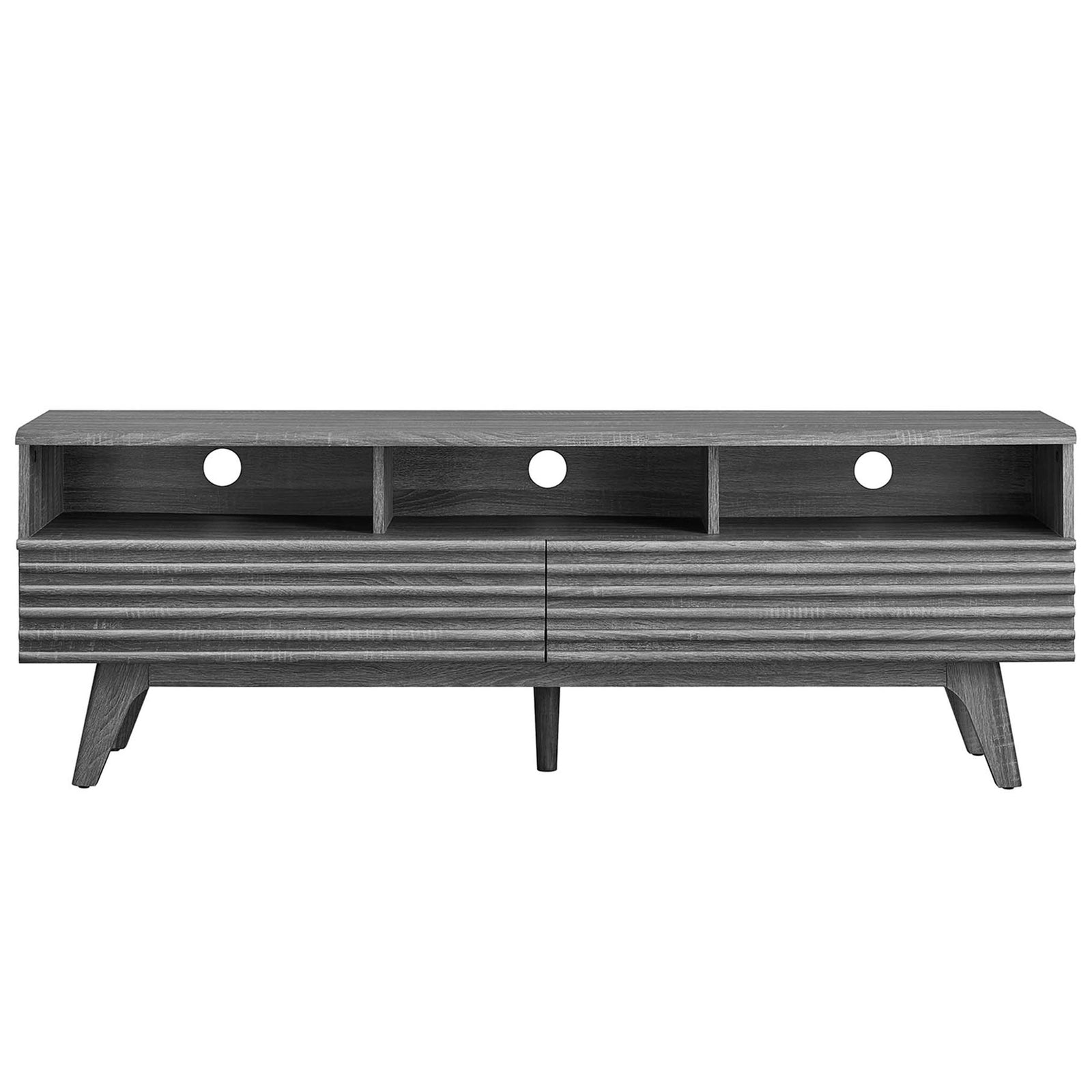 Charcoal 60 inch TV stand with three open cubbies, slatted front drawers, and cable management holes || EEI-6228-CHA || front_studio