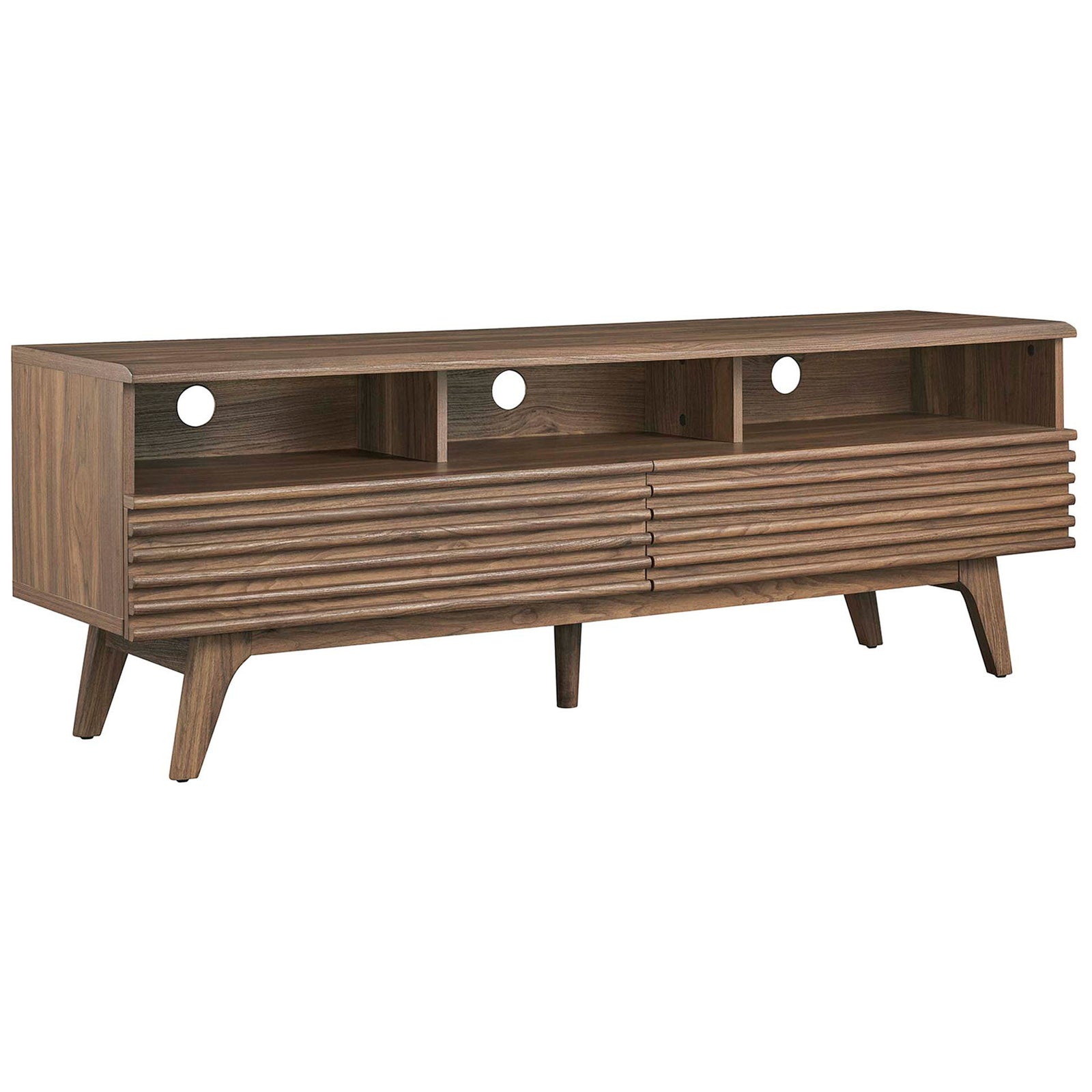 Walnut 60 inch TV stand with slatted drawers, open shelving, and tapered mid-century legs || EEI-6228-WAL || front_angle_studio