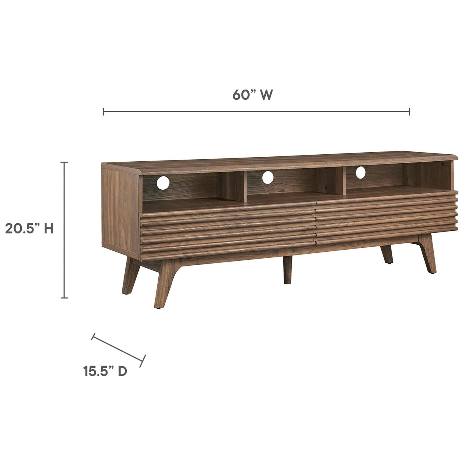 Walnut 60 inch TV stand with dimensions for width, height, and depth for easy planning || EEI-6228-WAL || dimension_studio