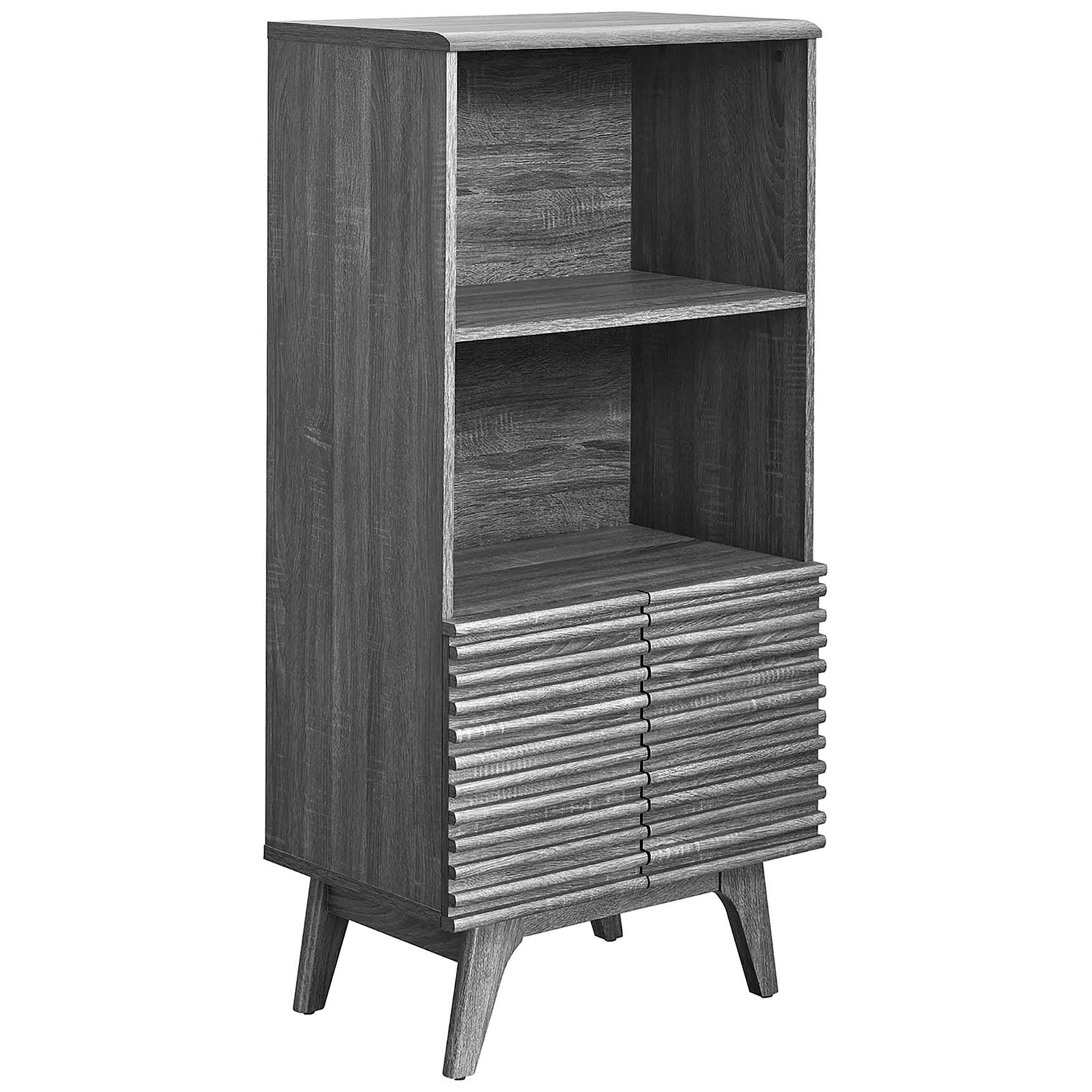 Charcoal wood-grain display cabinet with two open shelves, ribbed doors, and tapered legs || EEI-6229-CHA || front_angle_studio