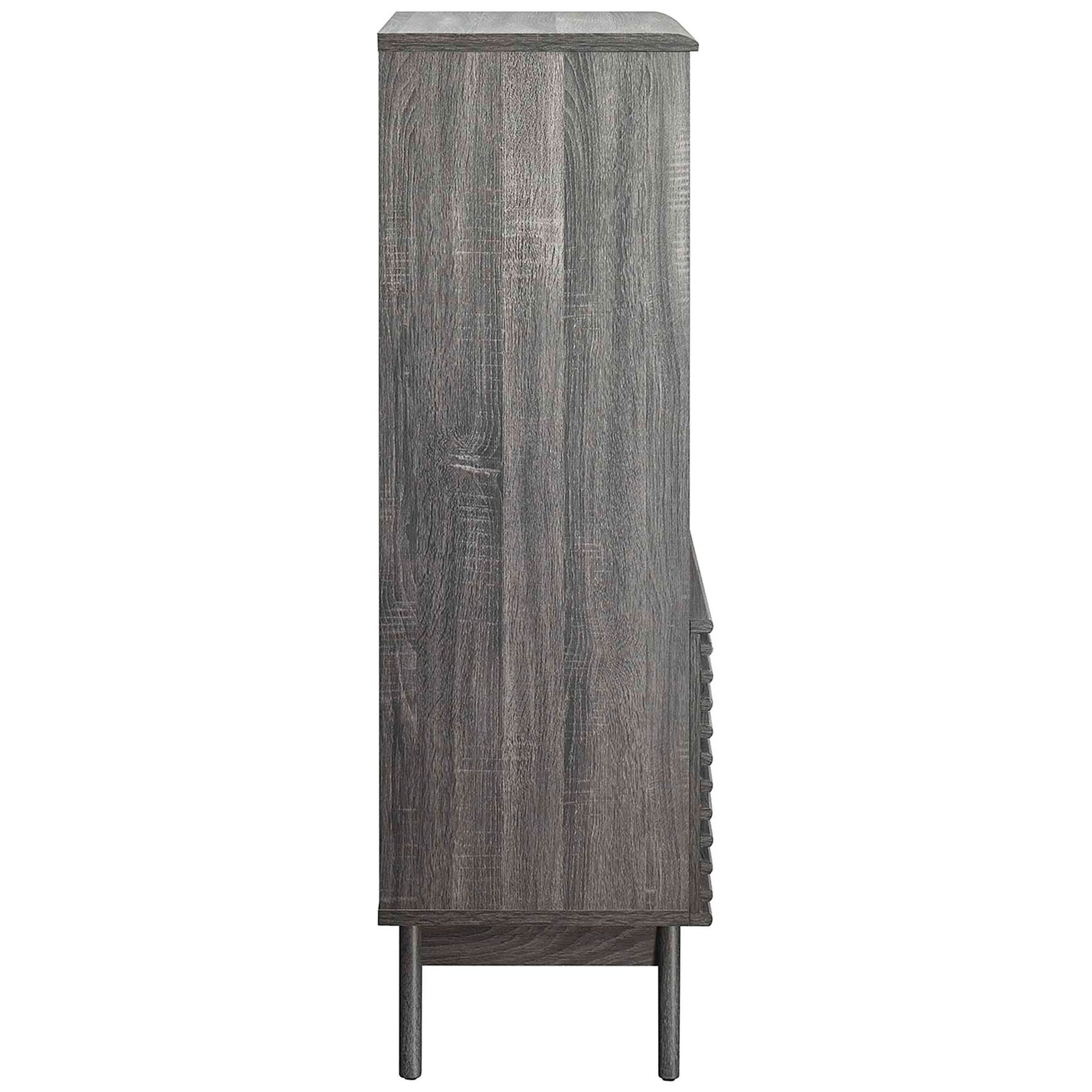 Sleek charcoal cabinet with subtle wood grain, slim silhouette, and splayed legs || EEI-6229-CHA || side_studio