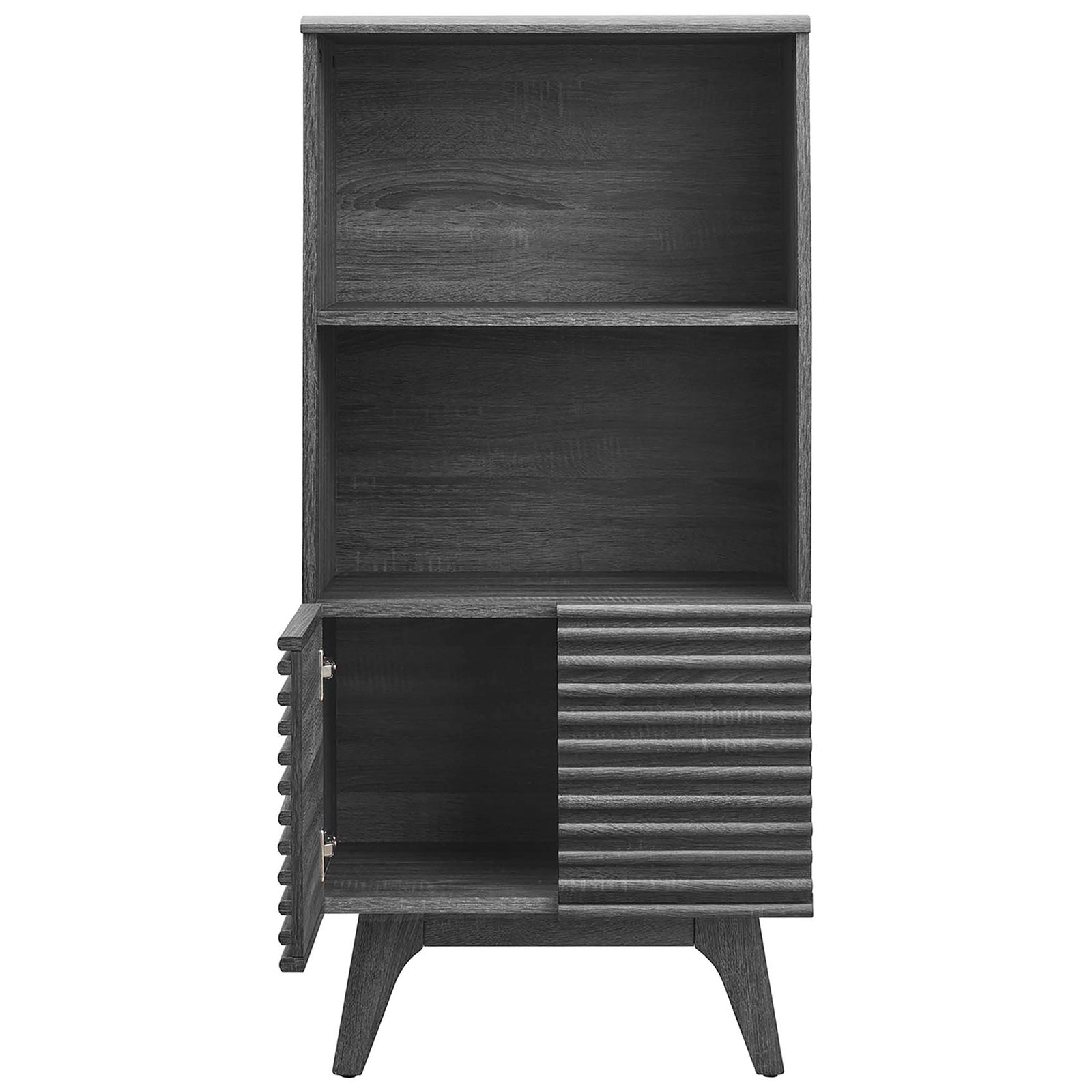 Doors open to reveal a spacious storage cabinet beneath the shelves || EEI-6229-CHA || front_open_studio