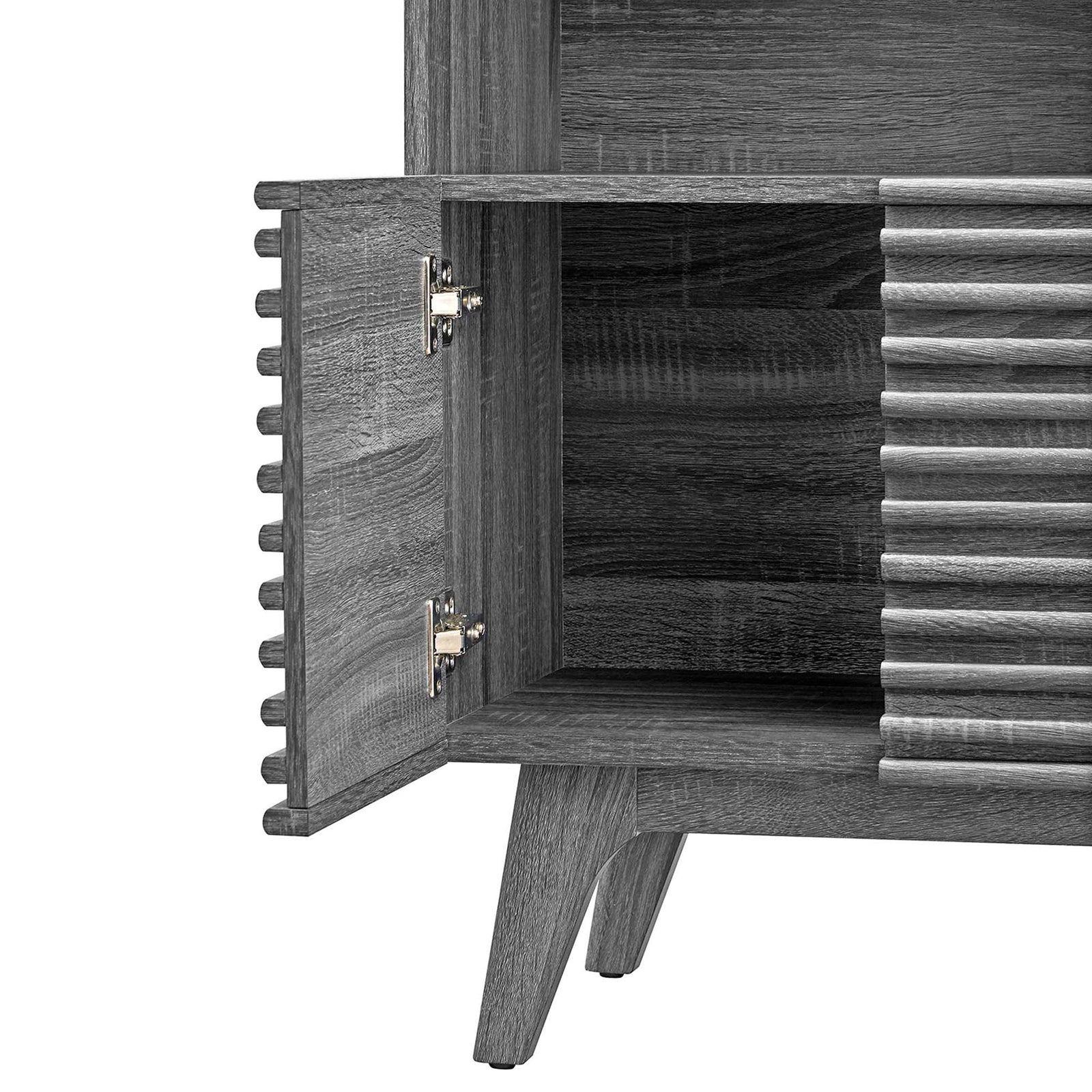 Soft-close hinge and textured slatted door detail in charcoal wood grain || EEI-6229-CHA || detail_studio