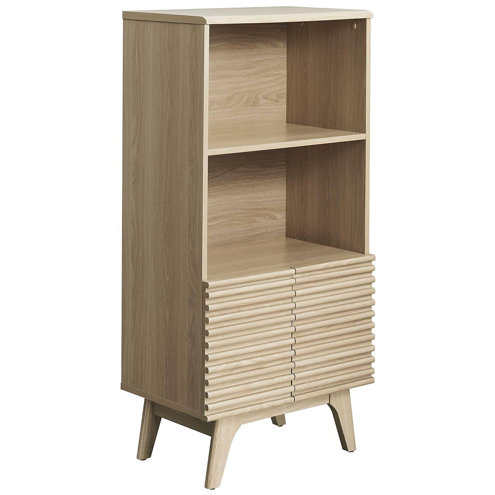 Clean oak wood grain with ribbed doors and airy profile for versatile display and storage || EEI-6229-OAK || front_angle_studio