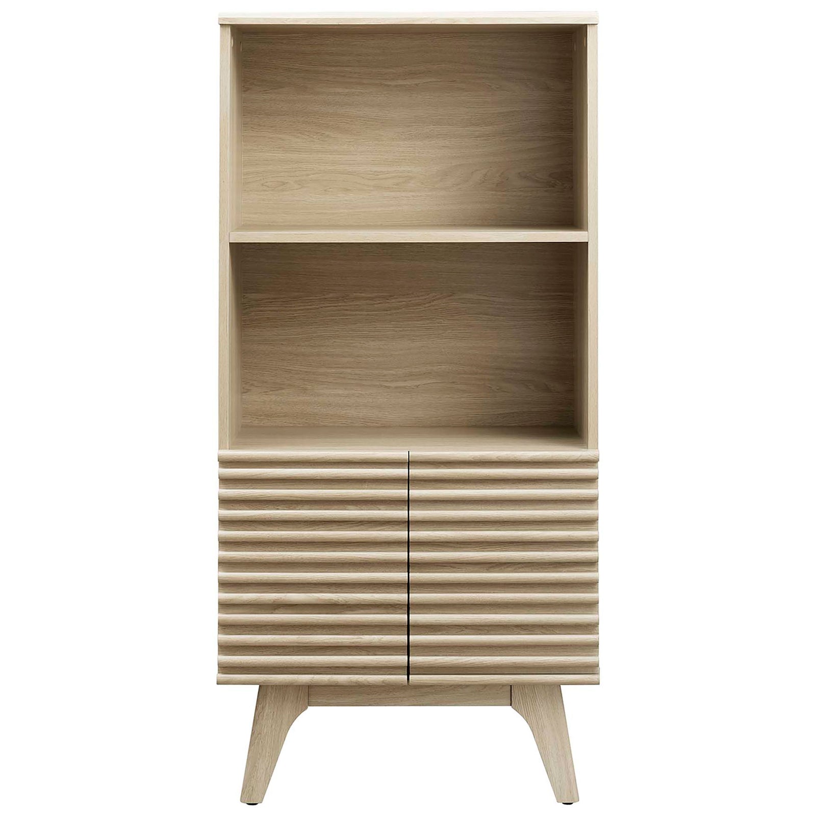 Mid-century oak cabinet with two open shelves and slatted double doors on tapered legs || EEI-6229-OAK || front_studio