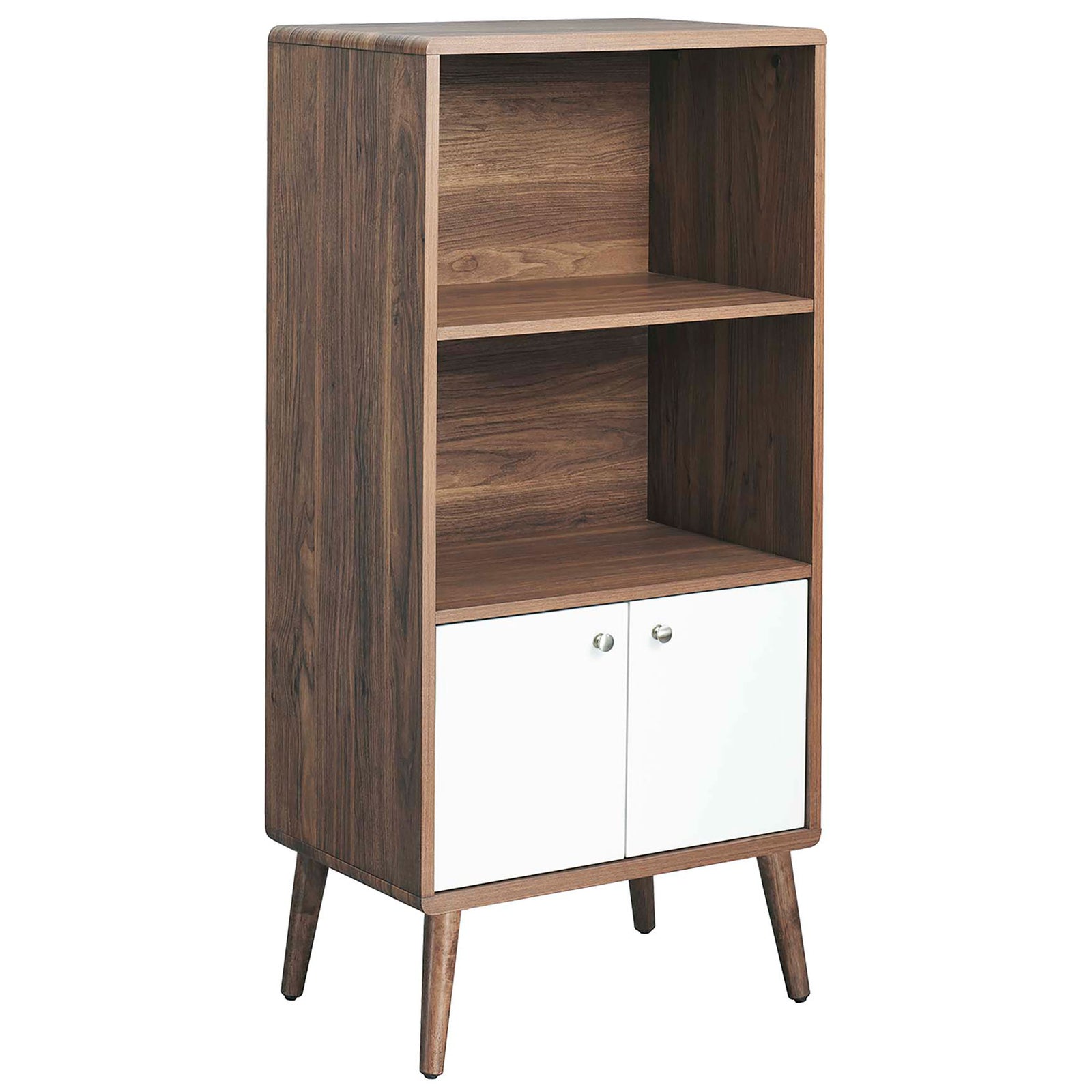 Mid-century display cabinet in walnut with two open shelves and white doors on tapered legs. || EEI-6230-WAL-WHI || front_angle_studio