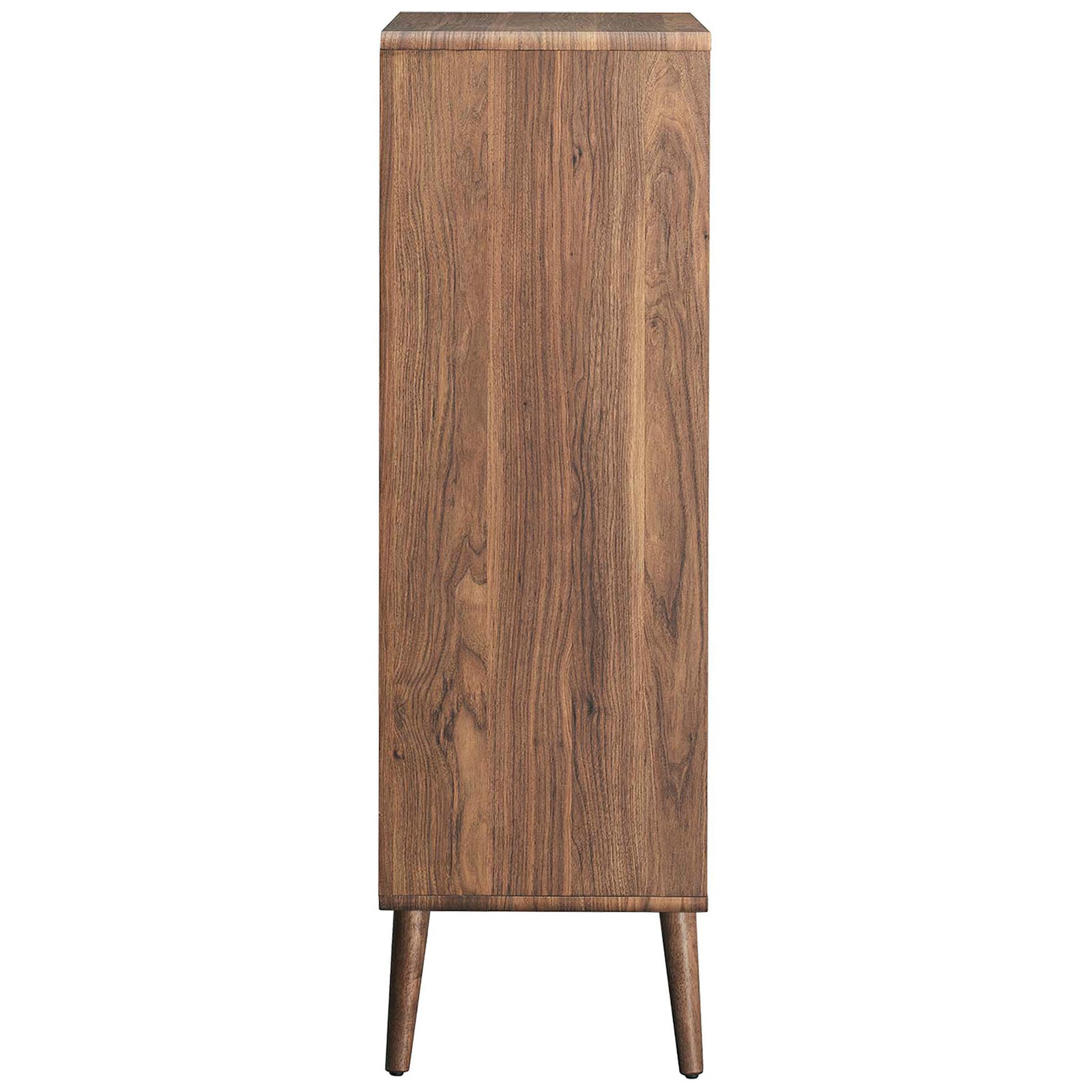 Slender side profile shows smooth walnut wood grain and softly rounded corners. || EEI-6230-WAL-WHI || side_studio