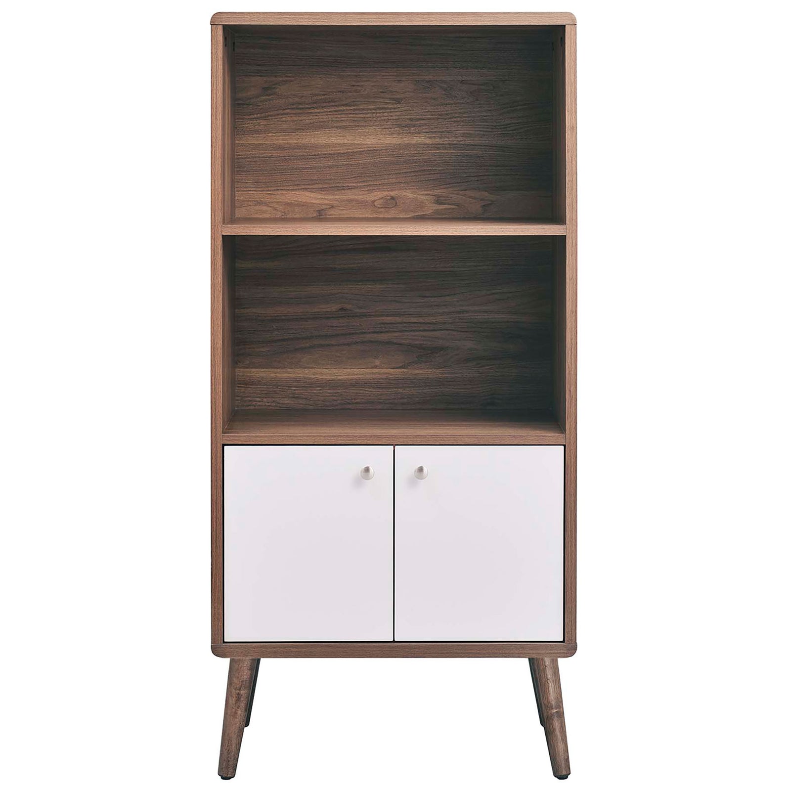 Walnut display cabinet with two open shelves and white double doors for concealed storage. || EEI-6230-WAL-WHI || front_studio