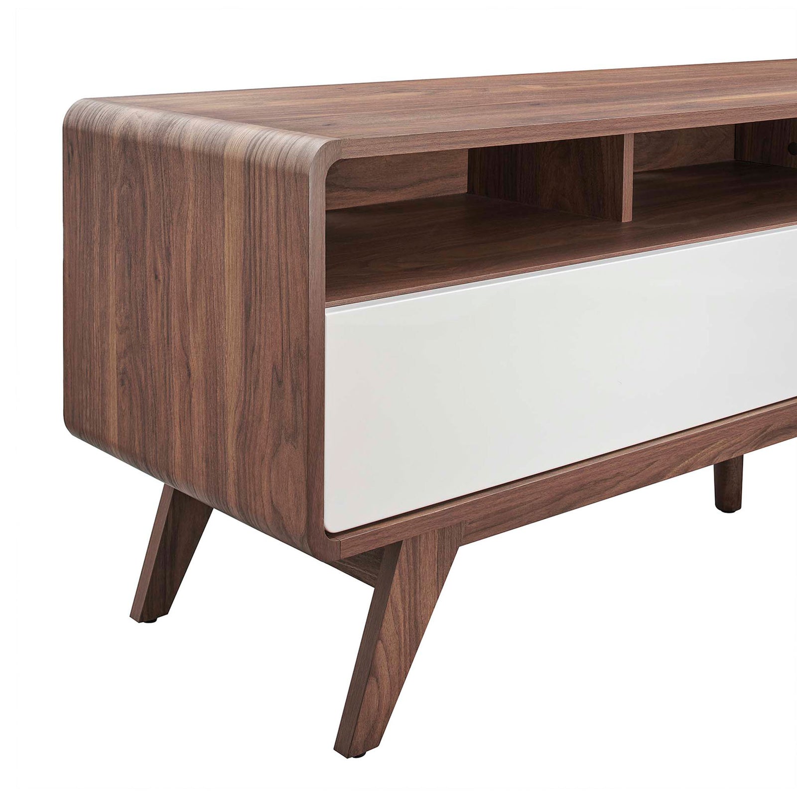 Rounded walnut frame and open shelf design showcase clean lines and generous surface space || EEI-6231-WAL-WHI || detail_studio
