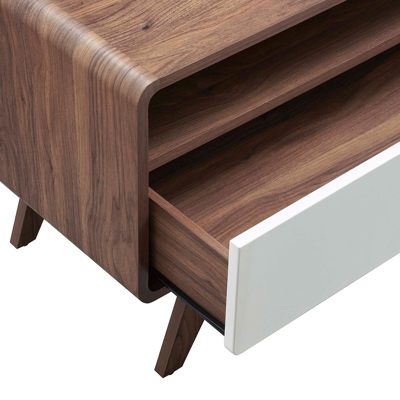 Full-extension drawer glides smoothly to reveal deep storage for media, books, and everyday essentials || EEI-6231-WAL-WHI || storage_open_studio