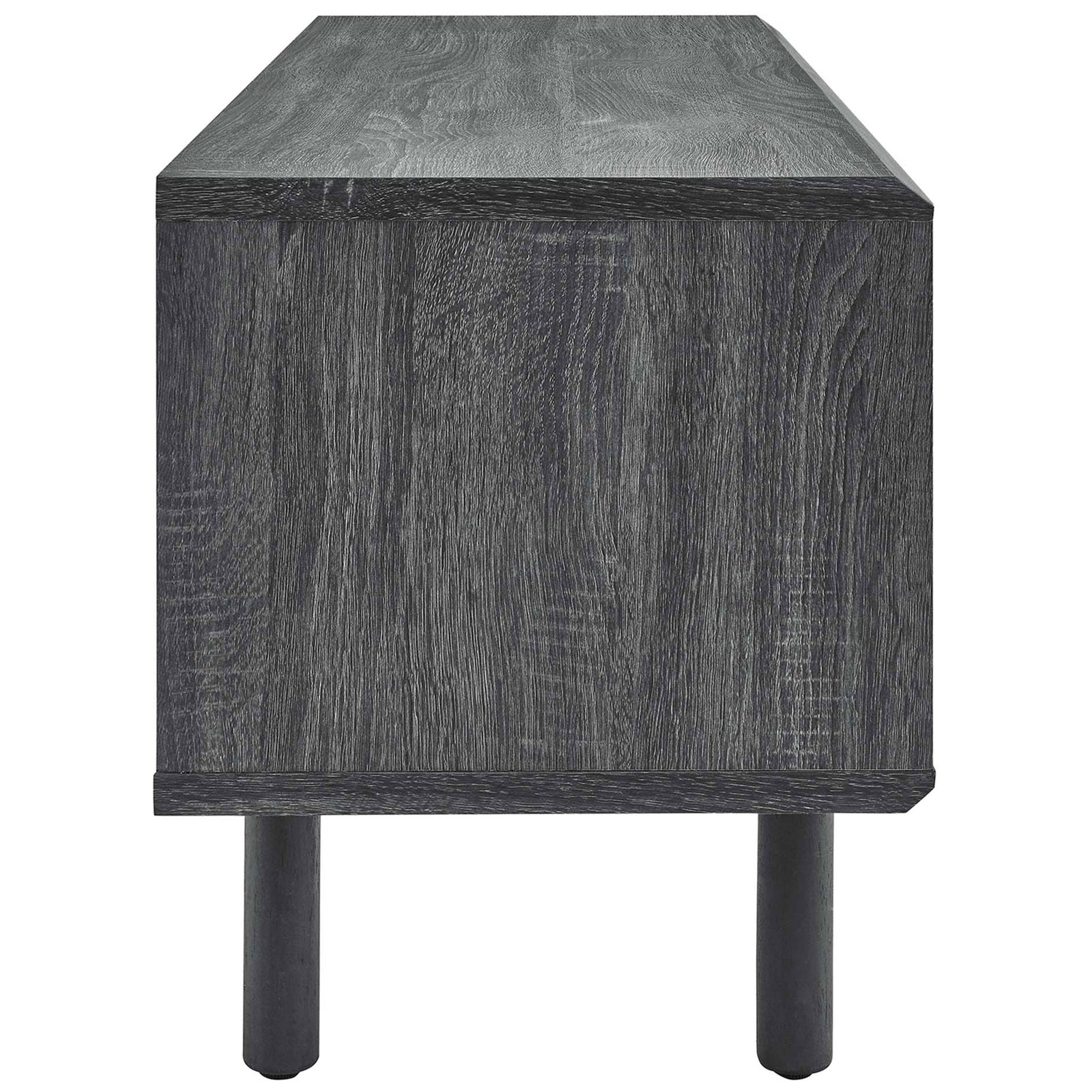 Charcoal wood grain TV stand showing streamlined side panel and slim round legs || EEI-6233-CHA || side_studio