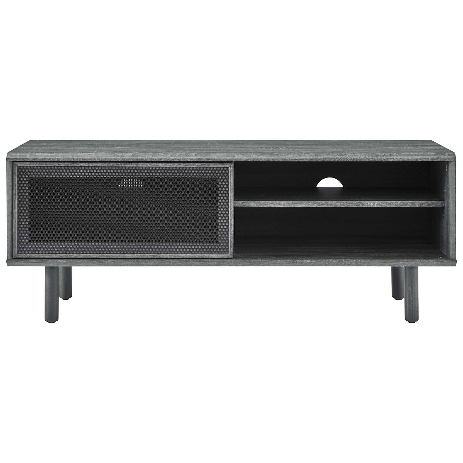 Charcoal TV console with left mesh door slid open to showcase shelving and cable management || EEI-6233-CHA || front_studio