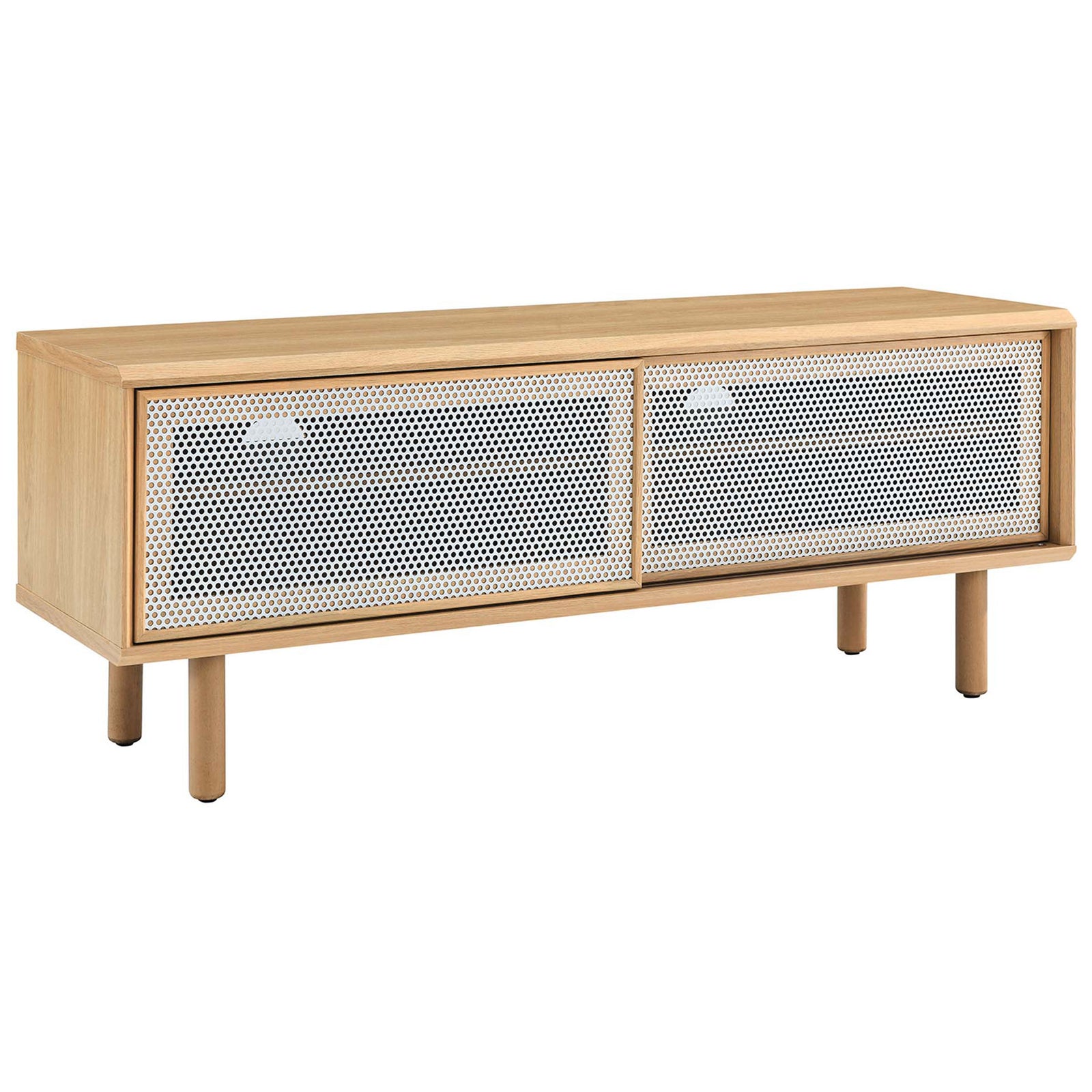 Kurtis 47 in oak TV stand with dual white mesh sliding doors and compact low profile design || EEI-6233-OAK || front_angle_studio