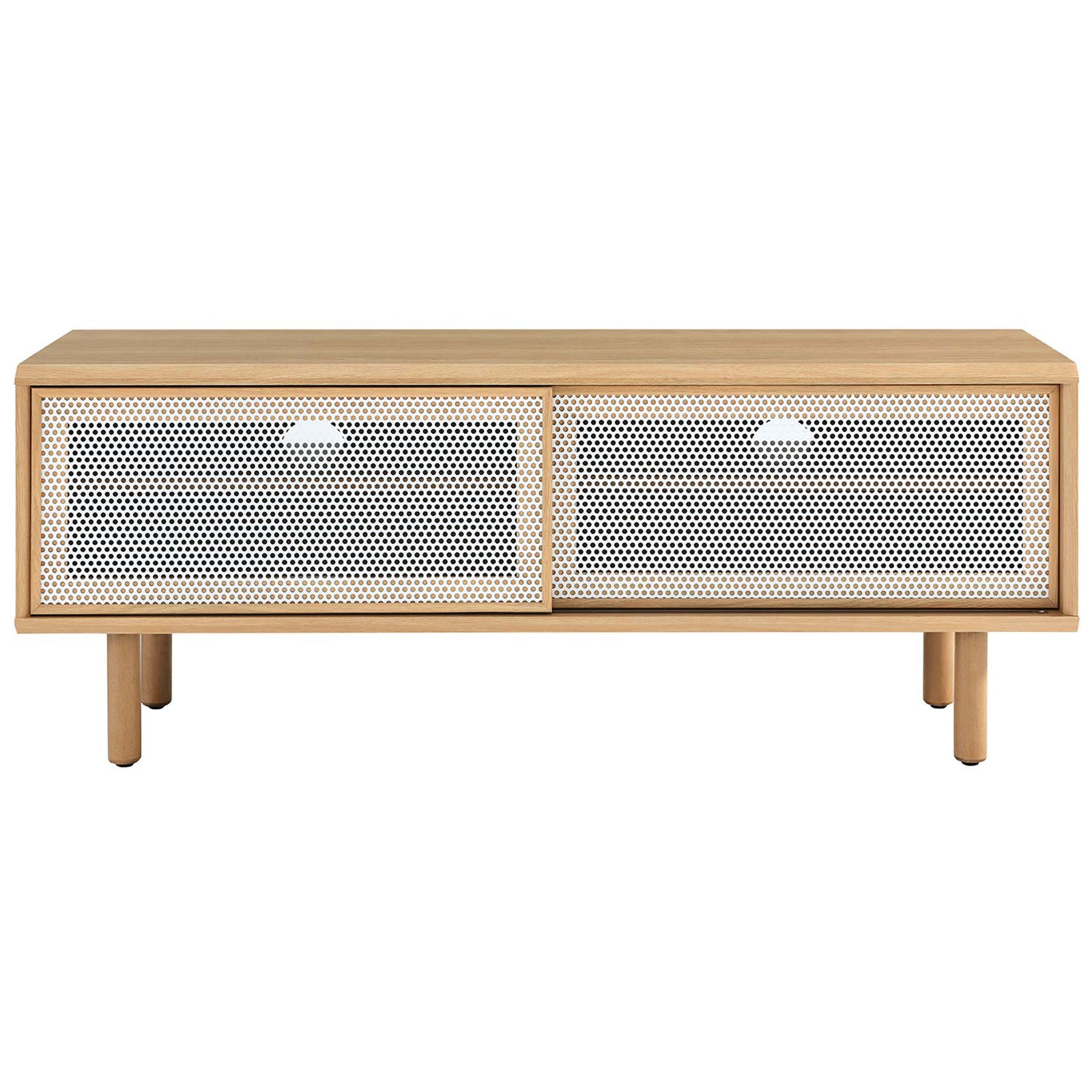 Oak 47 in TV stand with two white mesh doors concealing roomy storage || EEI-6233-OAK || front_studio
