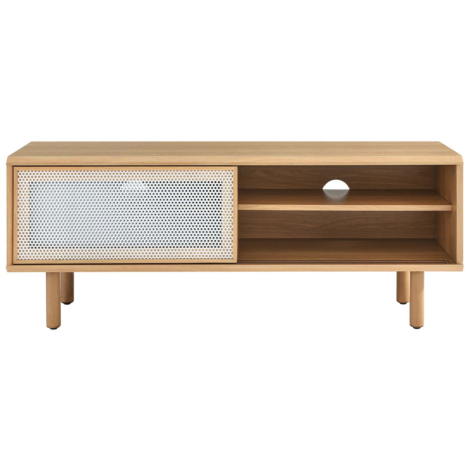 Oak TV console with left mesh door slid open to showcase shelving and cable management || EEI-6233-OAK || front_studio
