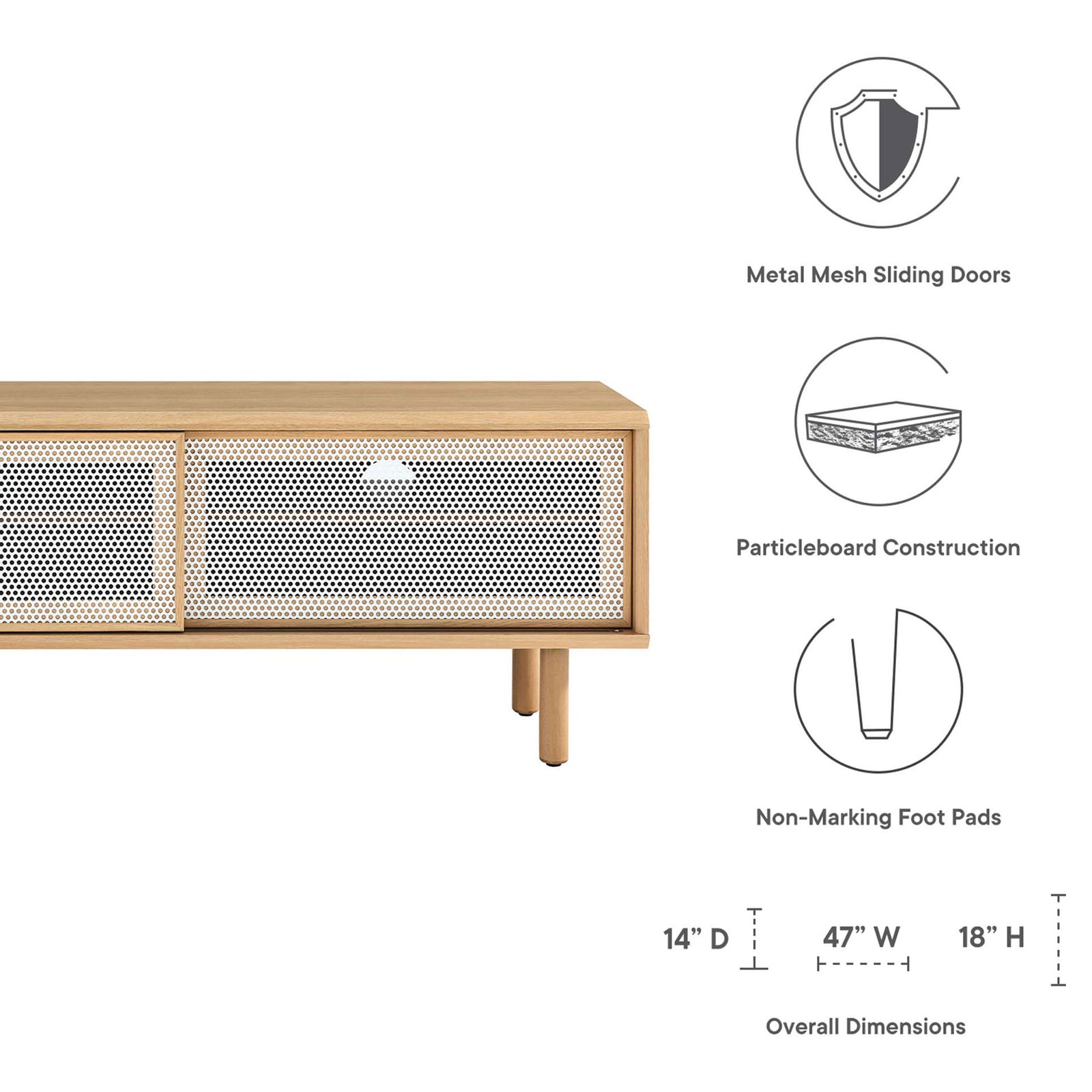Feature icons highlight mesh doors, particleboard construction, and non-marking foot pads with size || EEI-6233-OAK || callout_studio