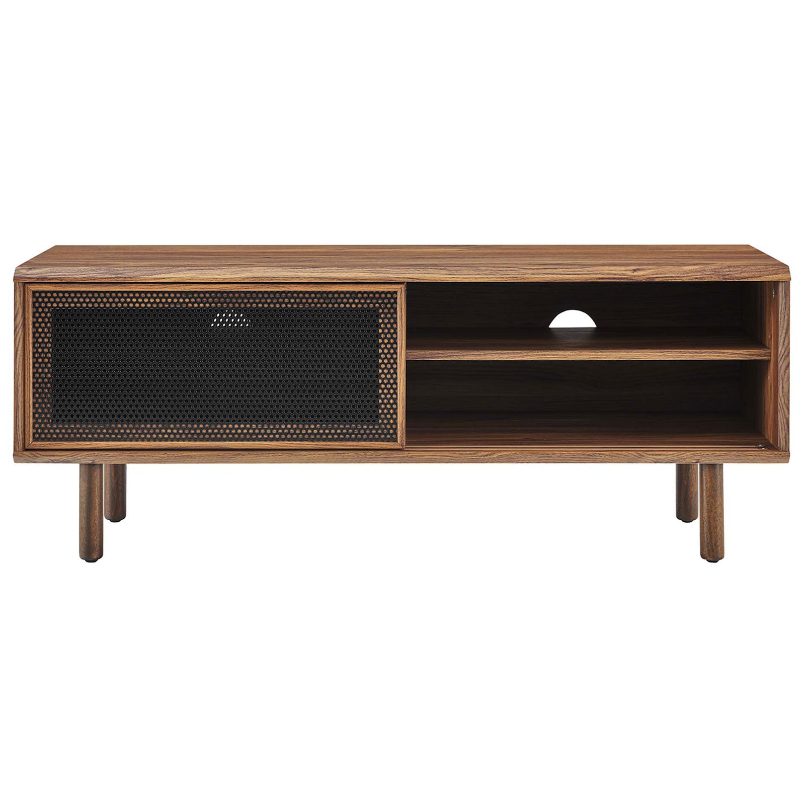 Walnut TV console with left mesh door slid open to showcase shelving and cable management || EEI-6233-WAL || front_studio