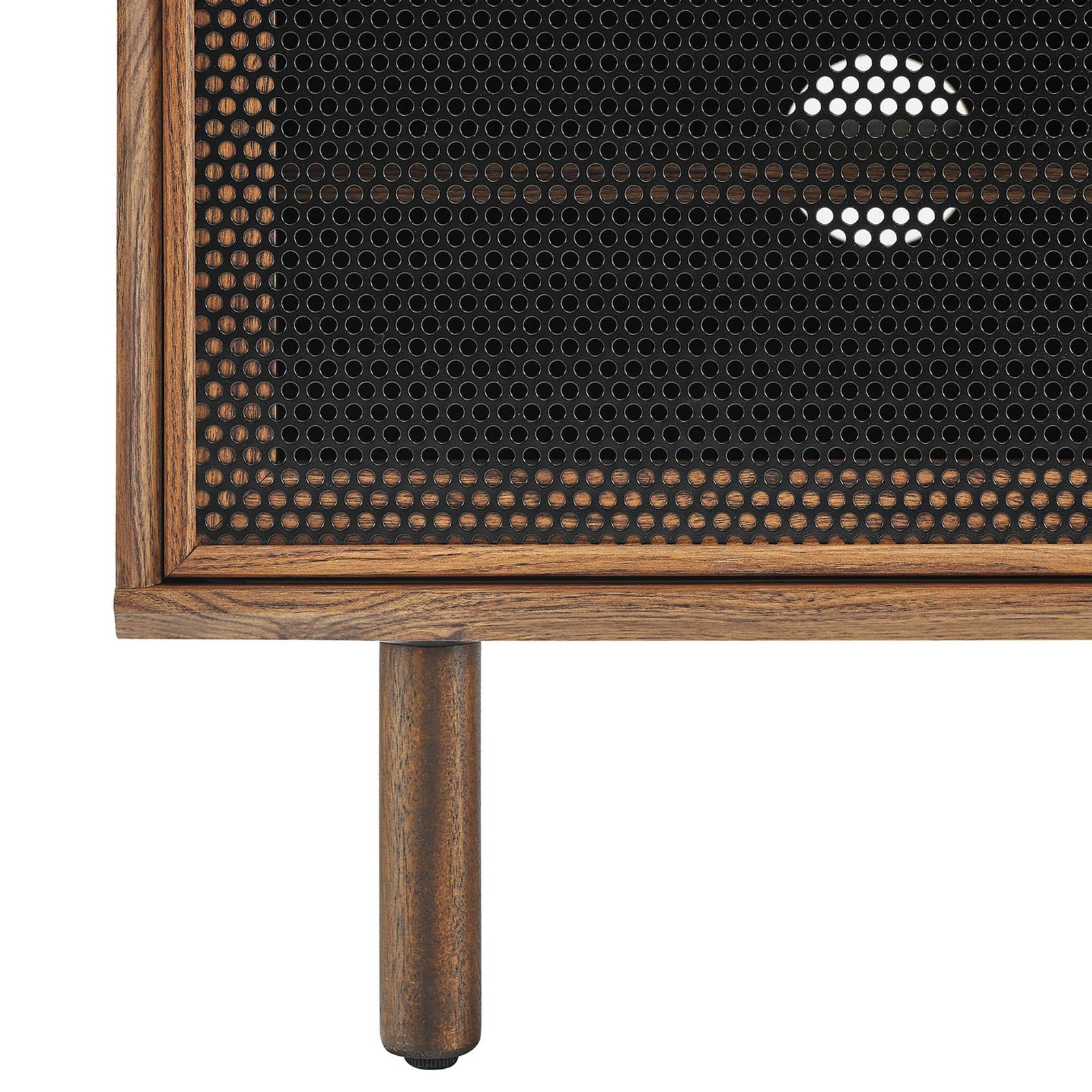 Design detail of walnut frame, black perforated mesh door, and sturdy round legs with foot pads || EEI-6233-WAL || leg_studio