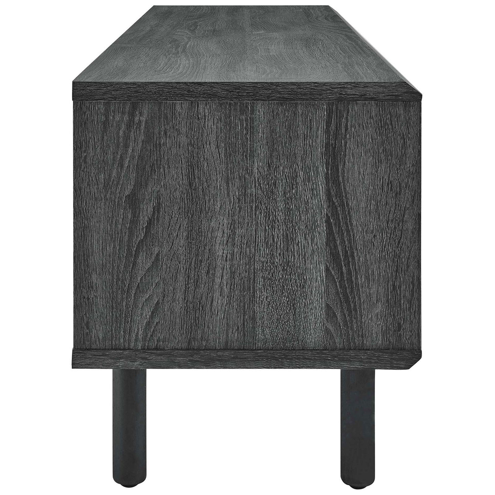 Charcoal wood grain TV stand showing clean side panel and slim round legs || EEI-6234-CHA || side_studio