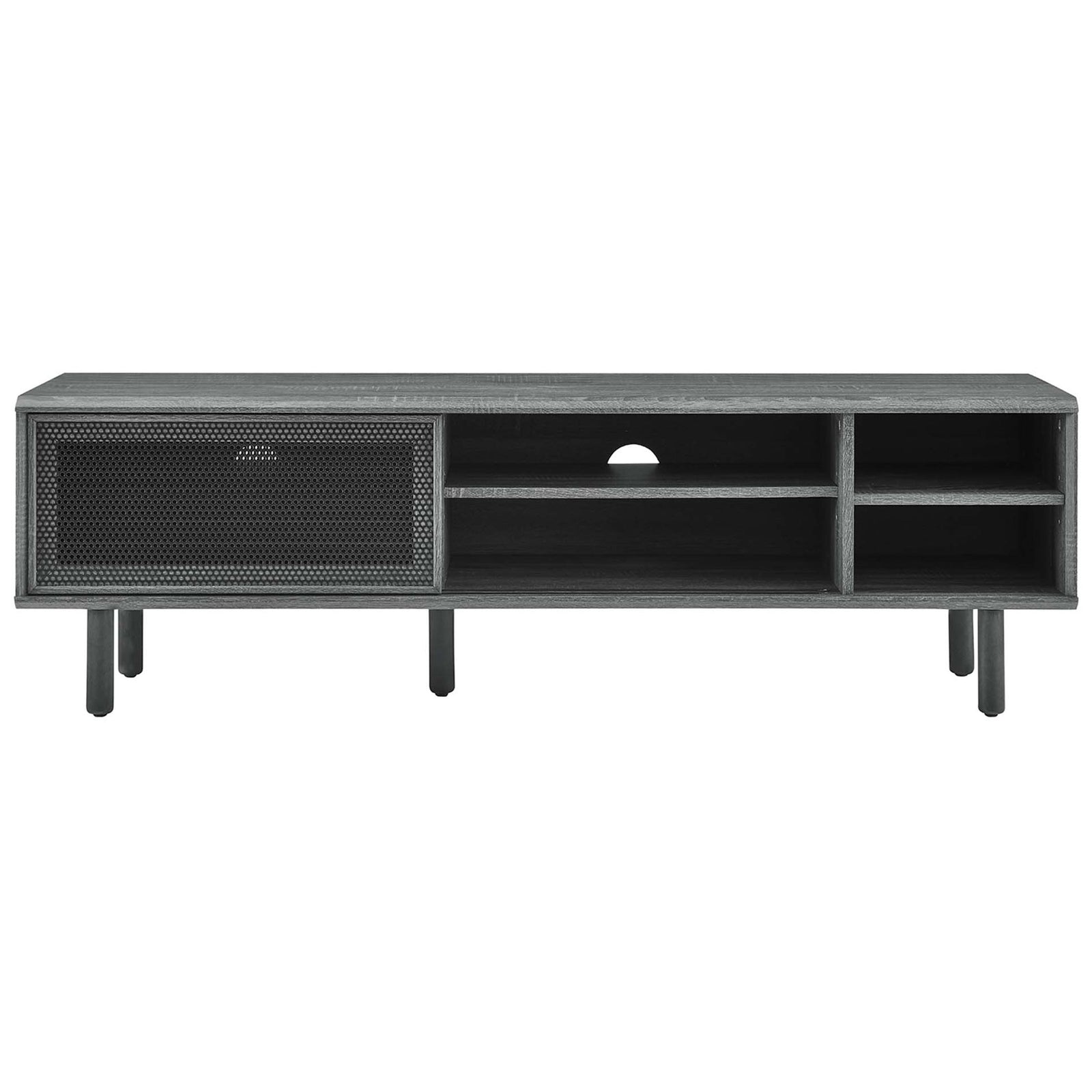 Charcoal TV console with mesh door positioned left to showcase central open shelves and cable cutouts || EEI-6234-CHA || front_studio