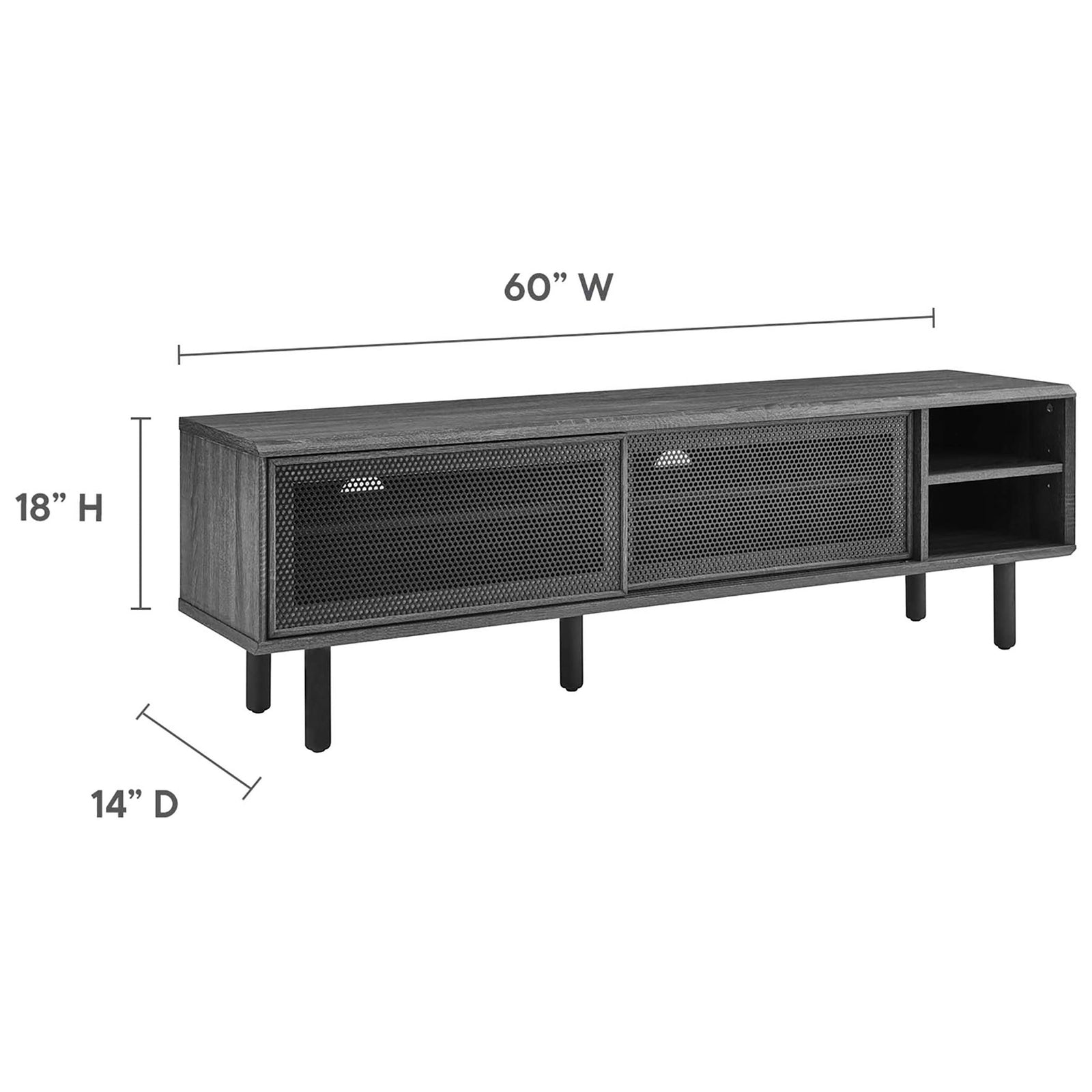 Dimension graphic shows Kurtis 60 in charcoal TV stand at 60 in wide, 18 in high, and 14 in deep || EEI-6234-CHA || dimension_studio