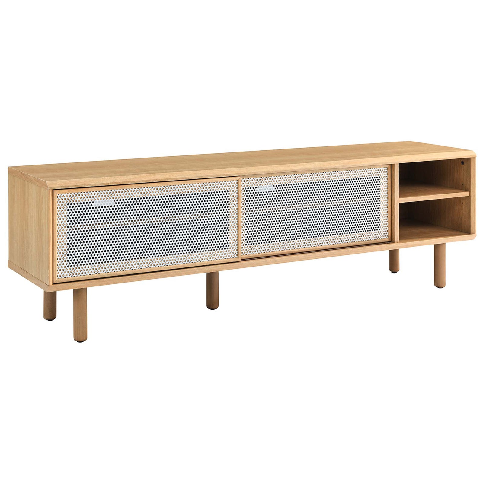 Kurtis 60 in oak TV stand with dual white mesh sliding doors and open right-side shelving || EEI-6234-OAK || front_angle_studio