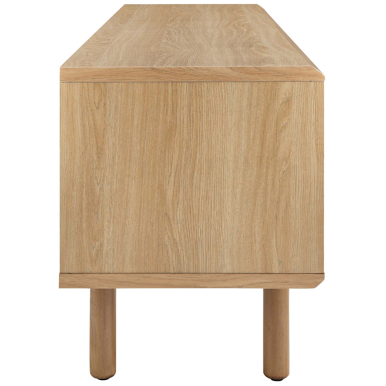Oak wood grain TV stand showing smooth side panel and slim round legs || EEI-6234-OAK || side_studio