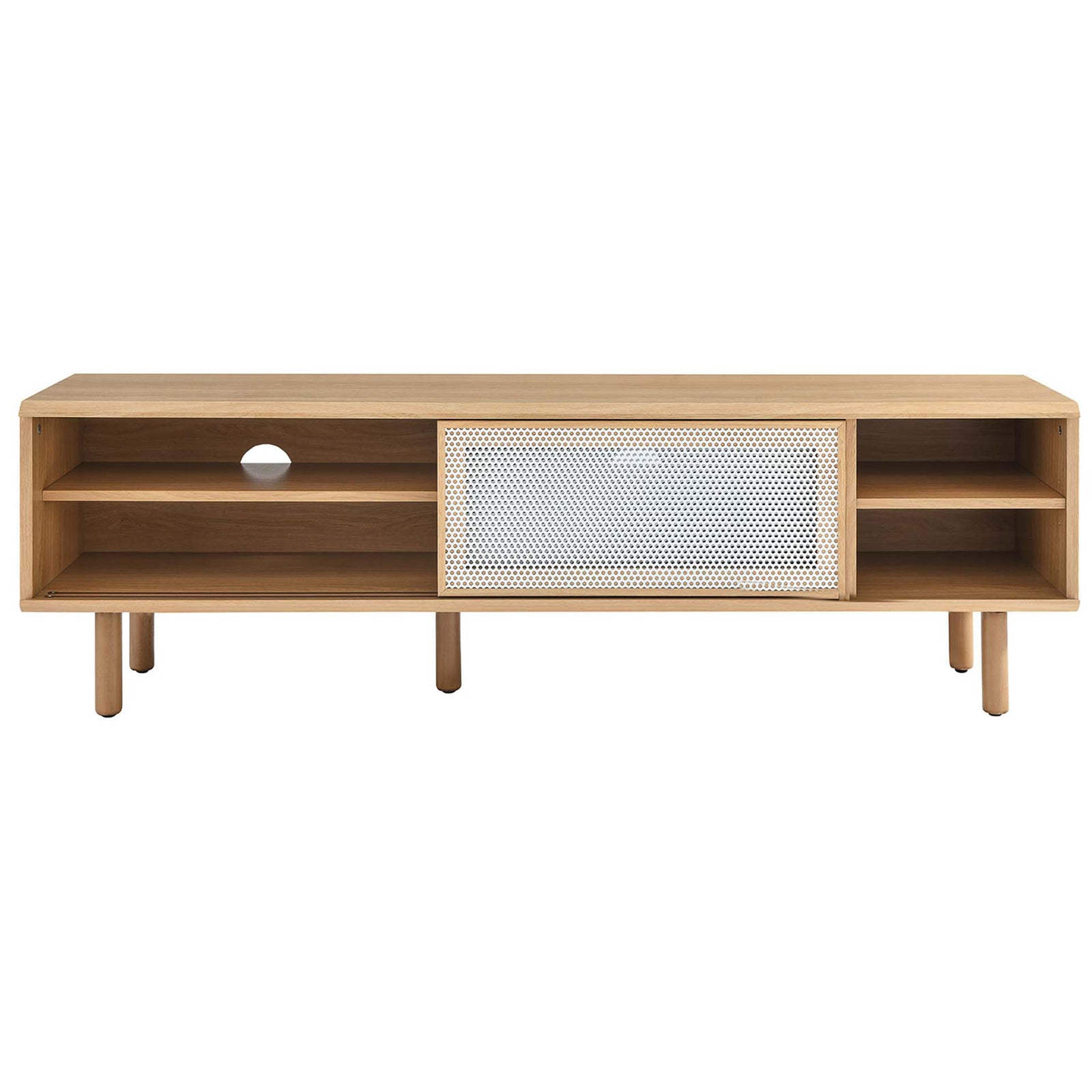 Oak TV console with mesh door shifted to reveal left storage shelves and right open cubbies || EEI-6234-OAK || front_studio