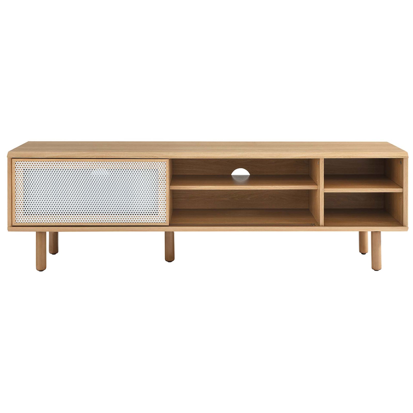 Oak TV console with mesh door positioned left to showcase central open shelves and cable cutouts || EEI-6234-OAK || front_studio