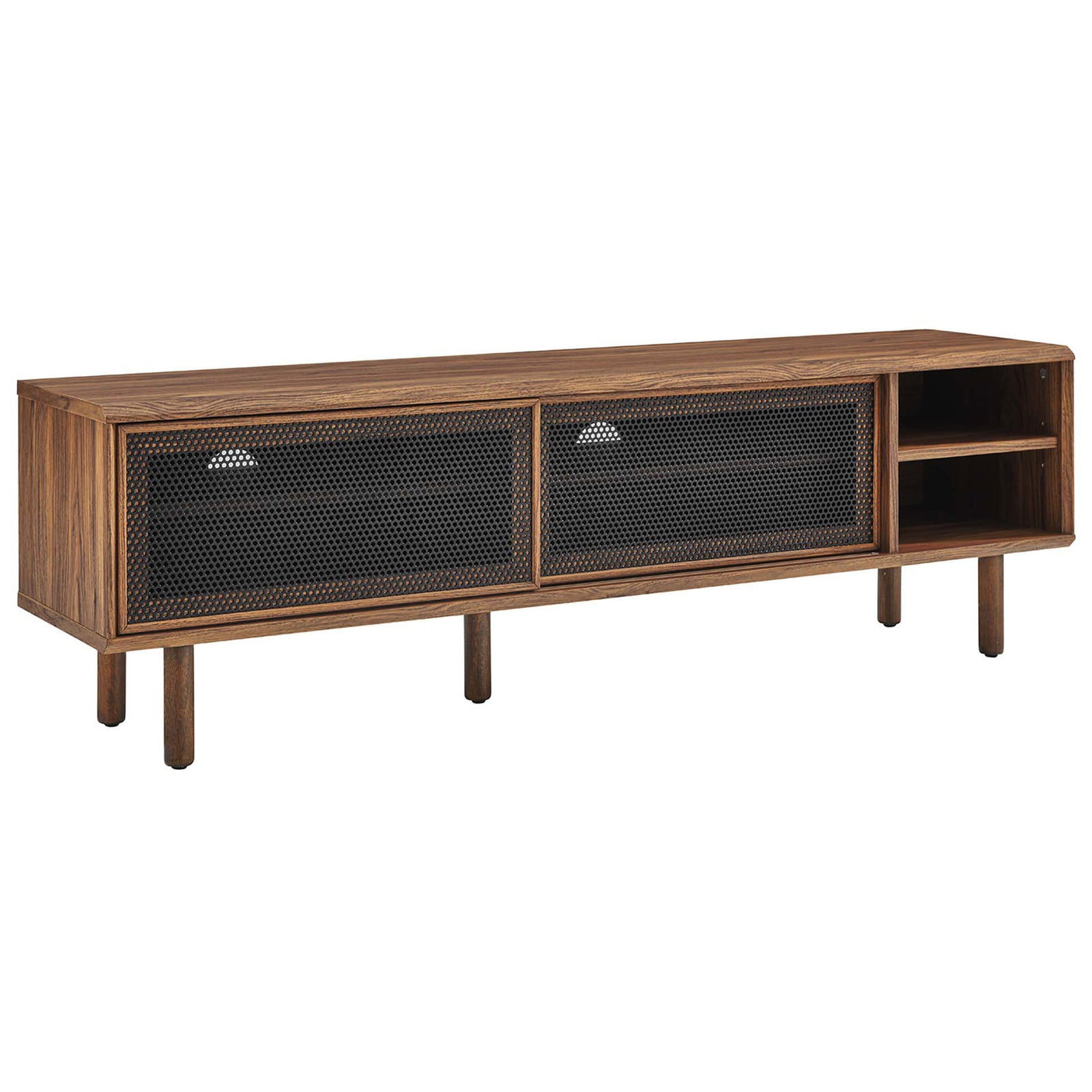 Kurtis 60 in walnut TV stand with dual dark mesh sliding doors and open right-side shelving || EEI-6234-WAL || front_angle_studio