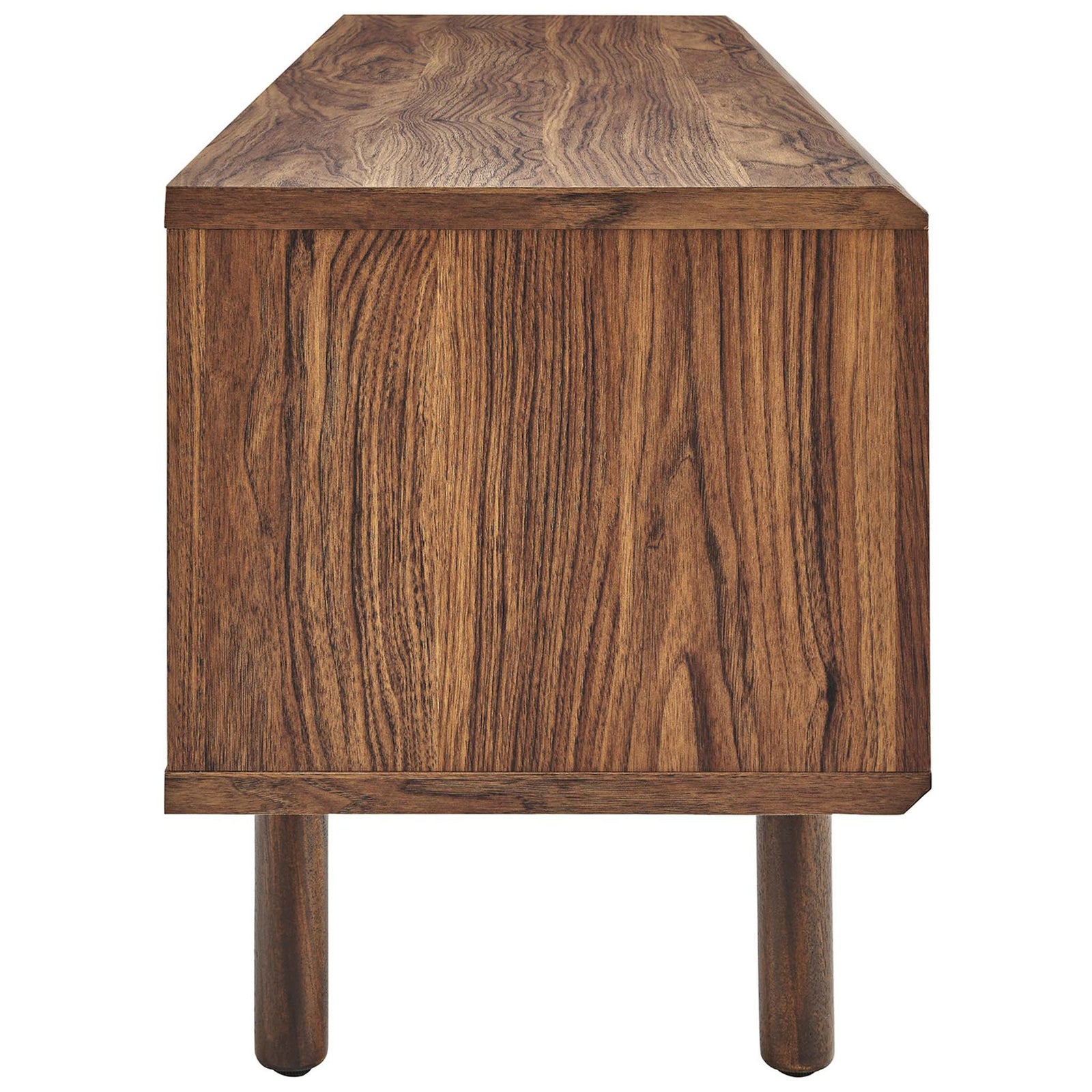 Walnut wood grain TV stand featuring smooth side panel and slim round legs || EEI-6234-WAL || side_studio