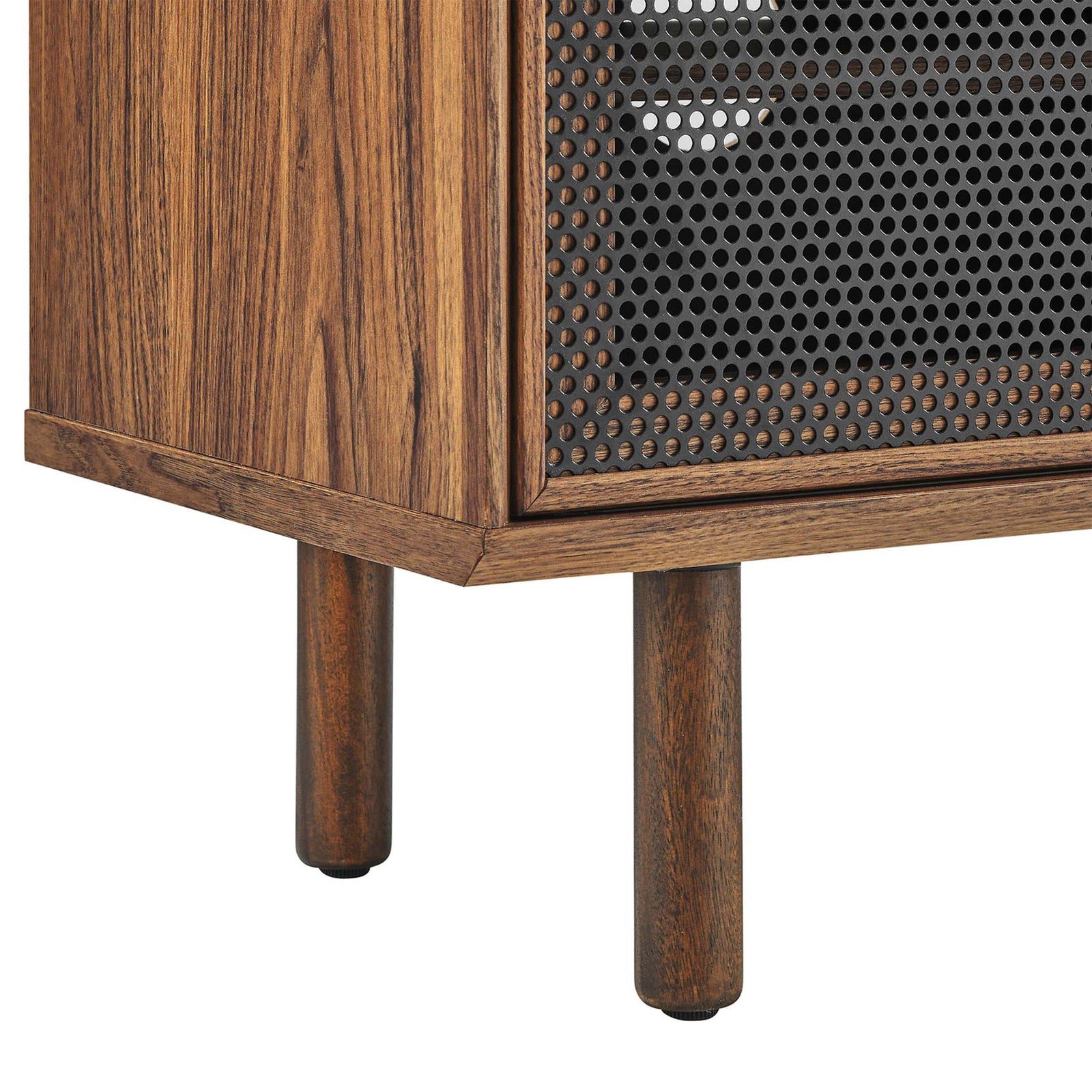 Design detail of walnut wood frame, black perforated mesh door, and round wood legs with foot pads || EEI-6234-WAL || leg_studio