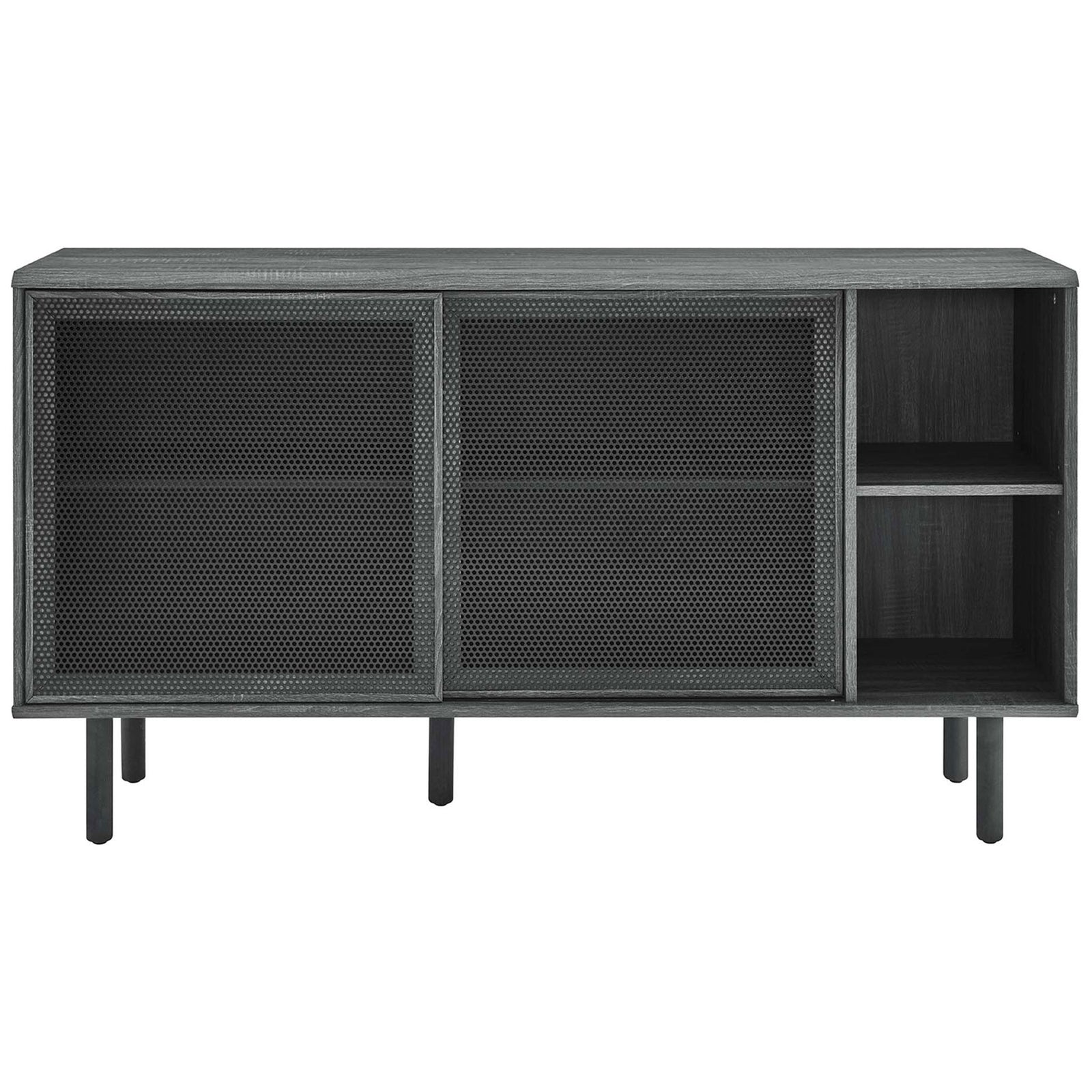 Charcoal sideboard with two mesh sliding doors and open display shelves on the right || EEI-6235-CHA || front_studio