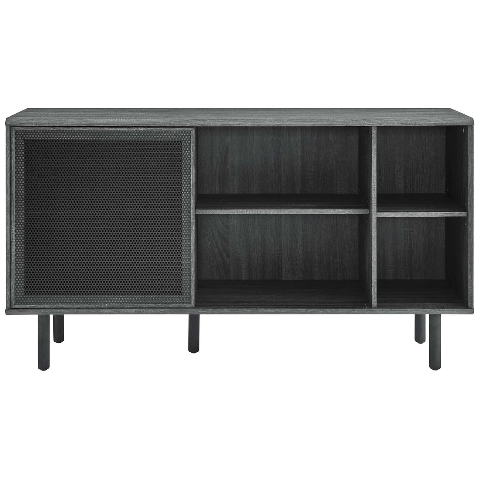 Charcoal sideboard with mesh doors revealing center shelves for barware or media storage || EEI-6235-CHA || front_open_studio