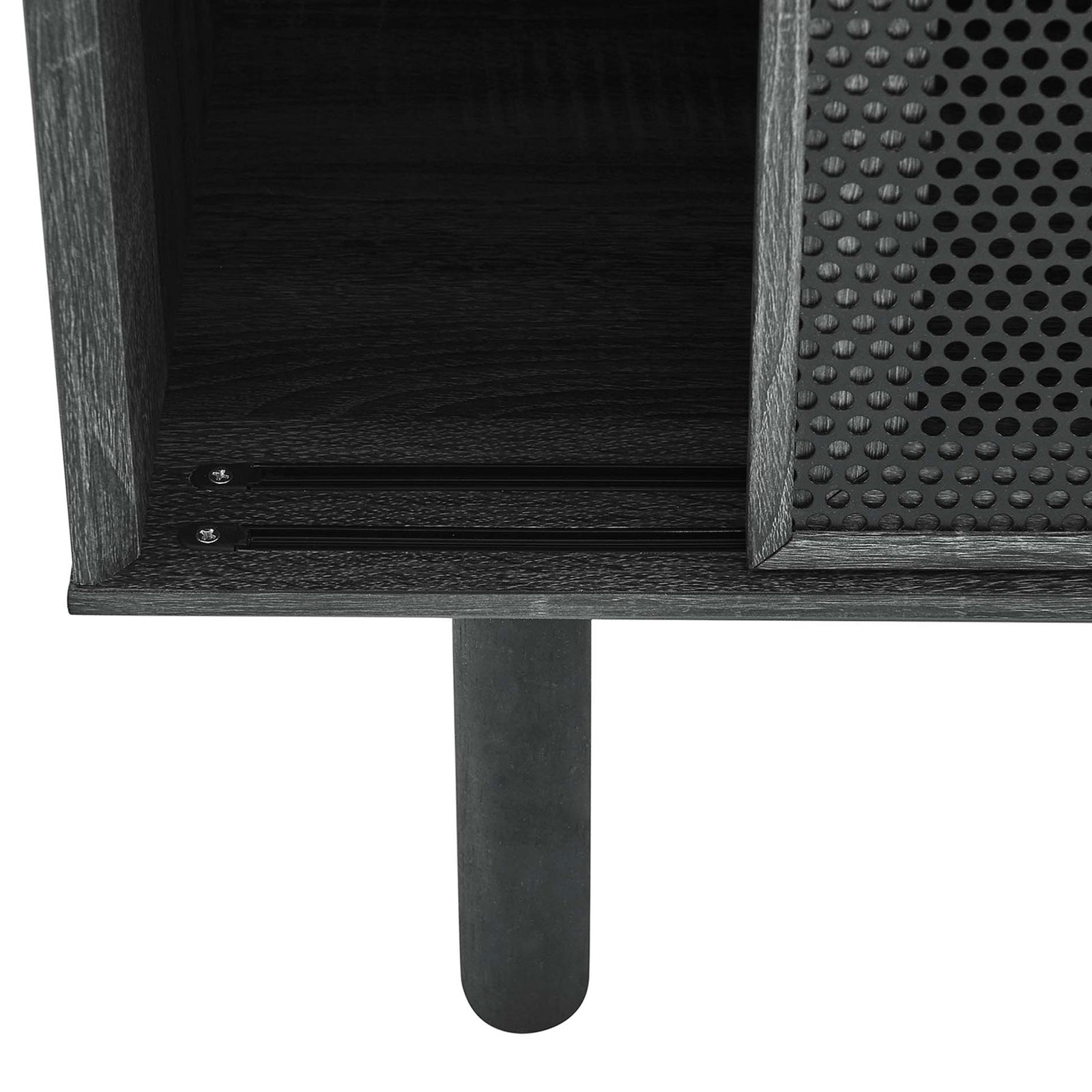Charcoal finish with rounded wood leg and smooth sliding track on the mesh door cabinet || EEI-6235-CHA || leg_studio