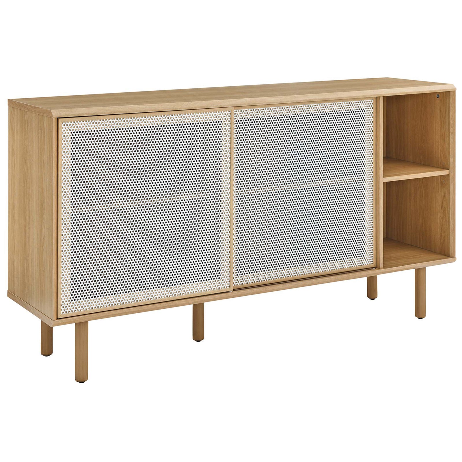 Oak sideboard with white metal mesh doors and open shelving for modern living or dining storage. || EEI-6235-OAK || front_angle_studio