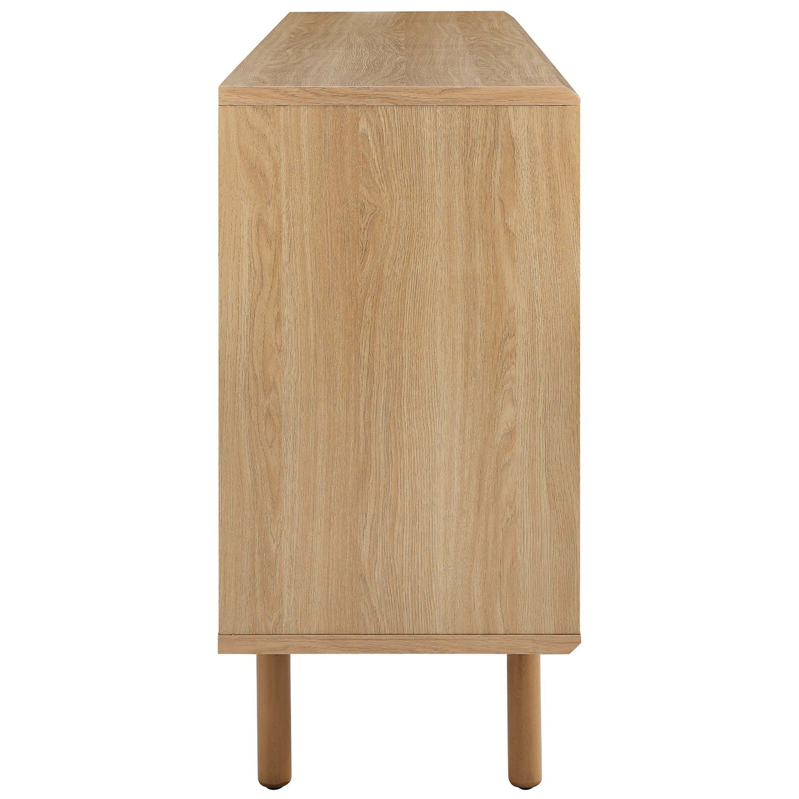 Slim oak sideboard profile highlighting the smooth wood grain and round tapered legs. || EEI-6235-OAK || side_studio