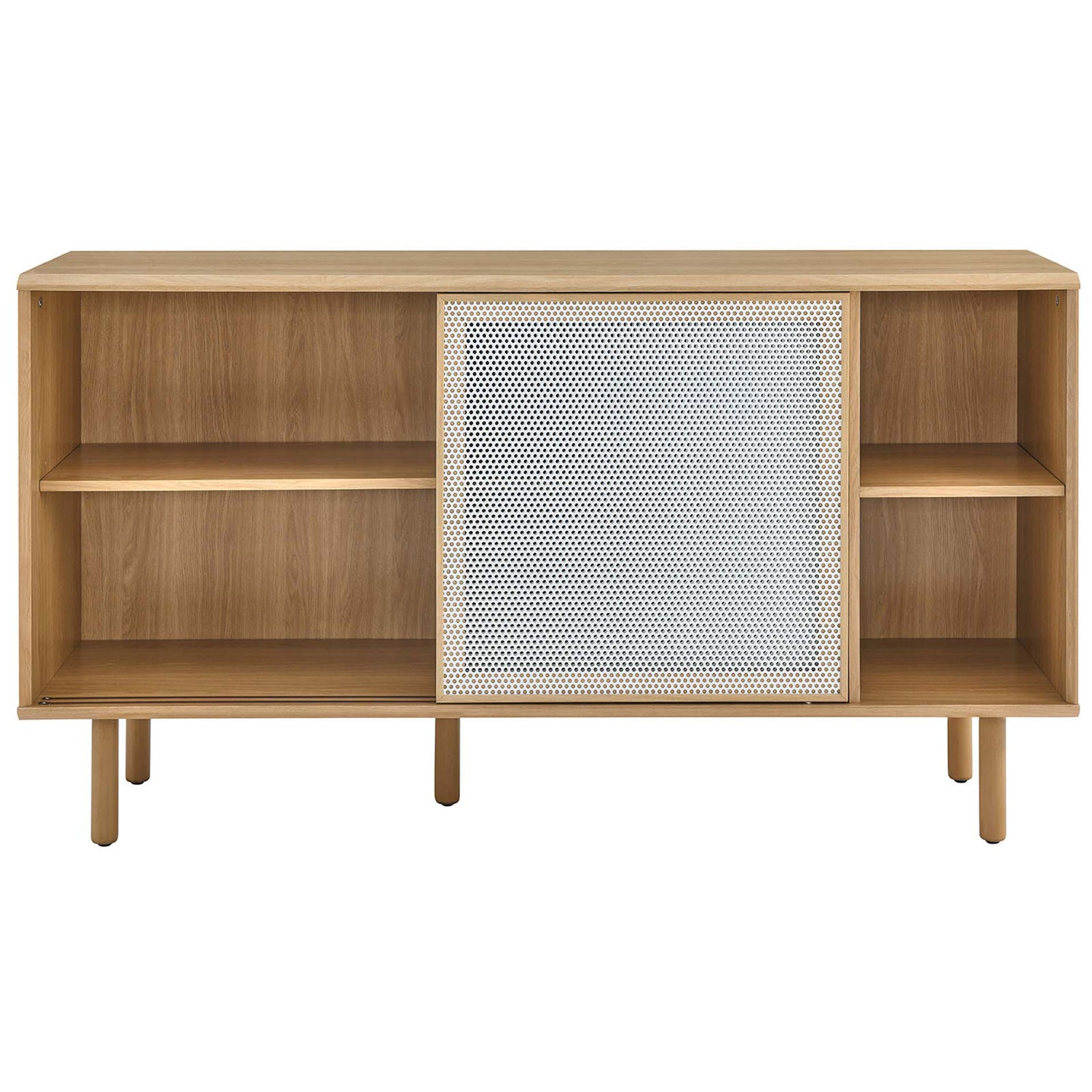 Oak mesh door sideboard showcasing adjustable interior shelving for dishes and decor. || EEI-6235-OAK || front_studio