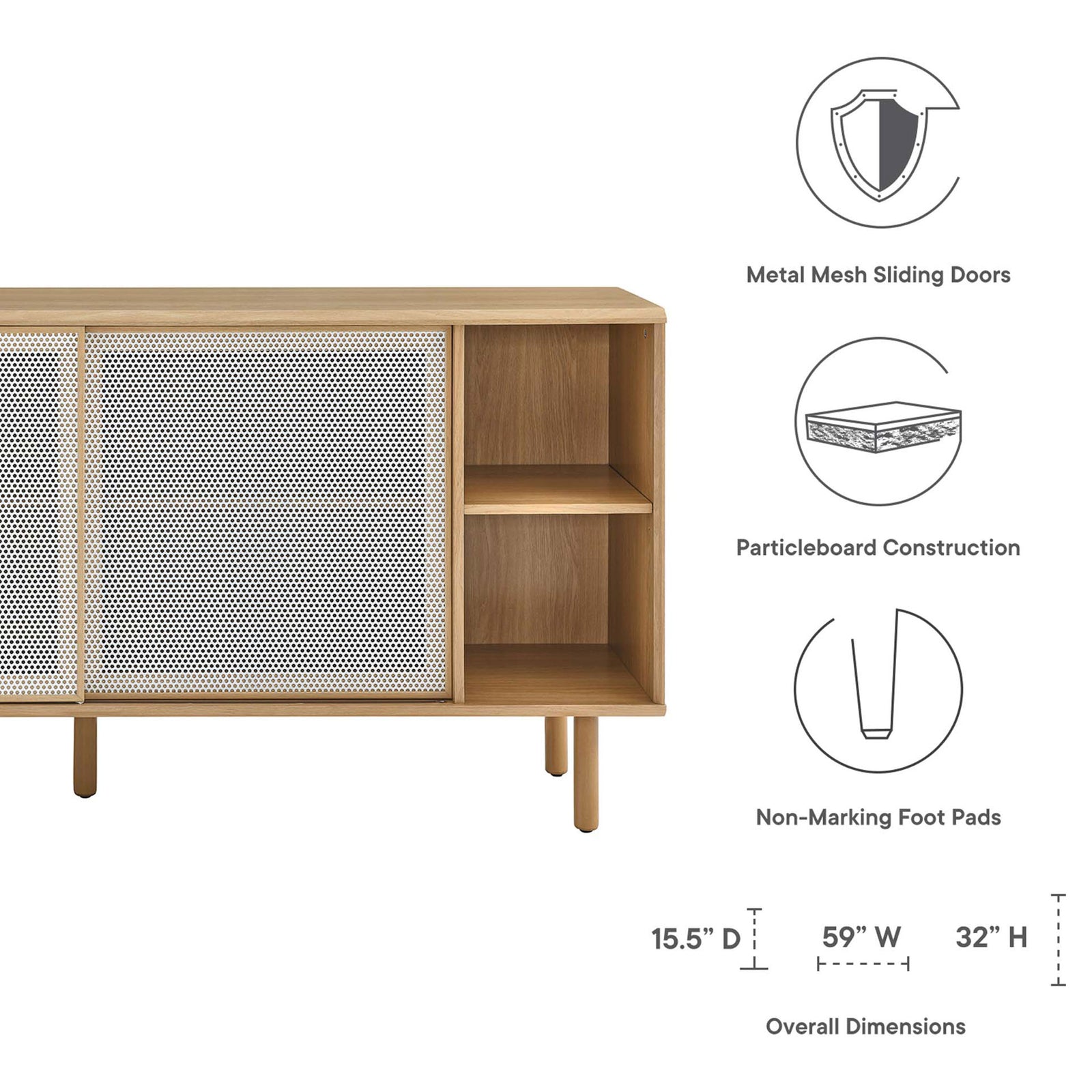 Feature overview highlighting metal mesh doors, particleboard build, and non marking foot pads. || EEI-6235-OAK || callout_studio