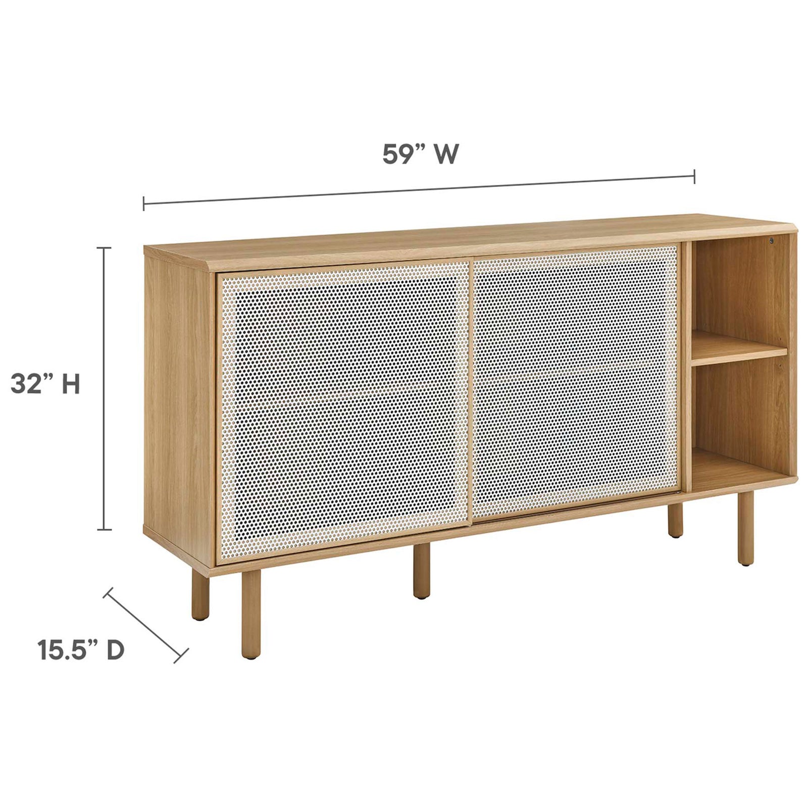Dimension graphic showing the Kurtis sideboard size for easy room and TV placement planning. || EEI-6235-OAK || dimension_studio